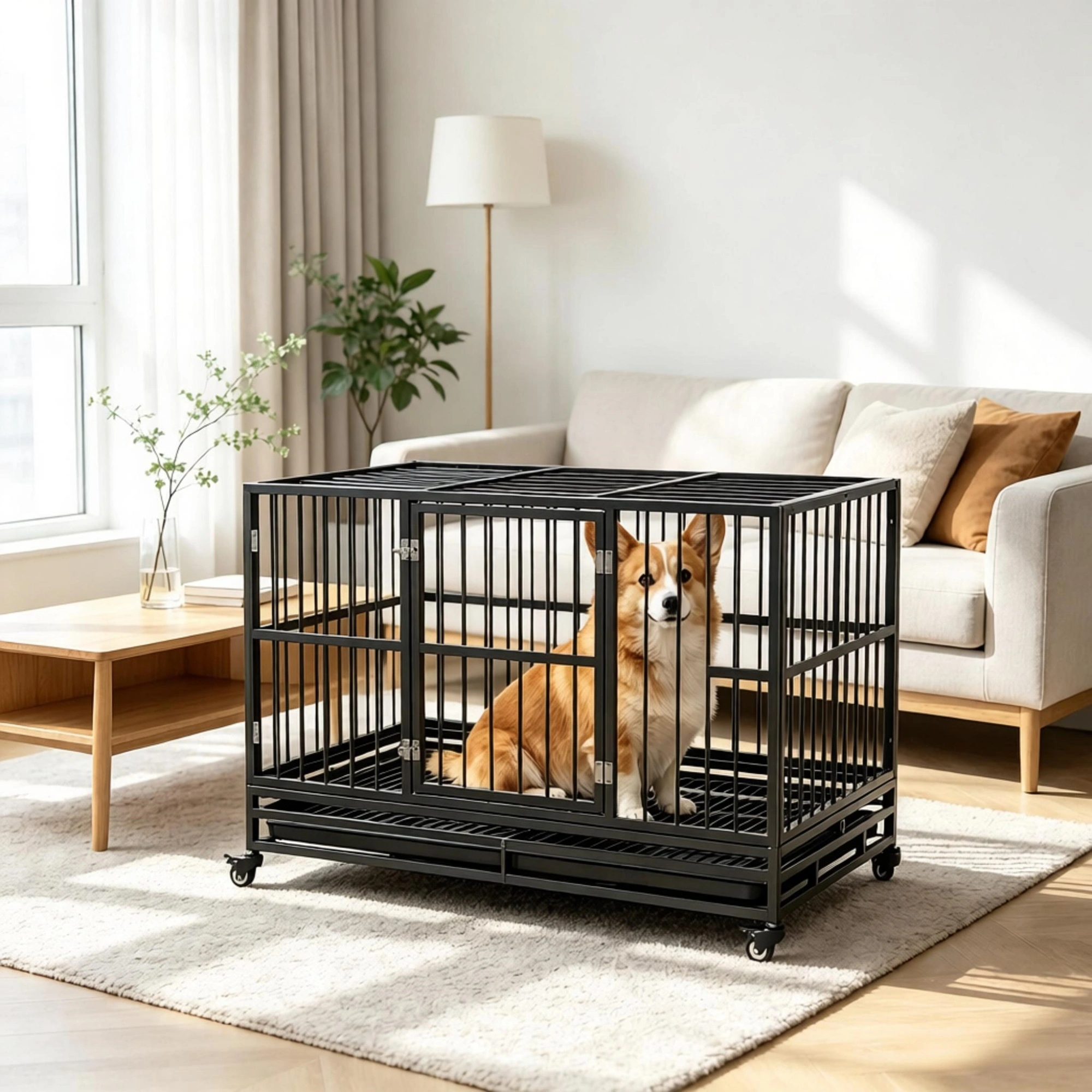 48 Inch Heavy Duty Metal Dog Crate Kennel with Lockable Wheels, Double Door & Removable Tray, Gray view 3