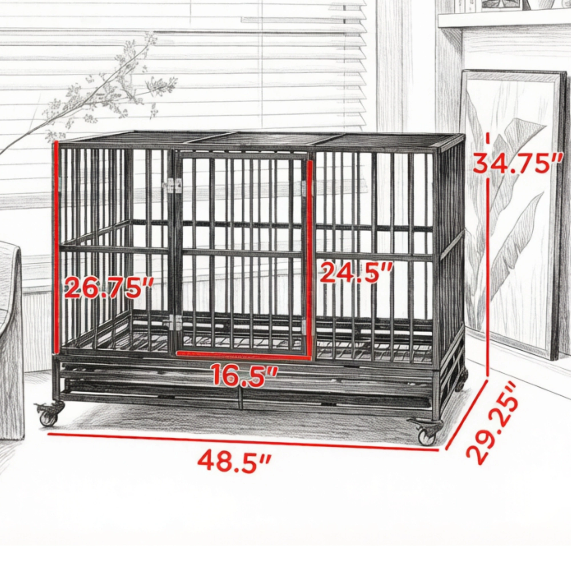 48 Inch Heavy Duty Metal Dog Crate Kennel with Lockable Wheels, Double Door & Removable Tray, Gray view 4