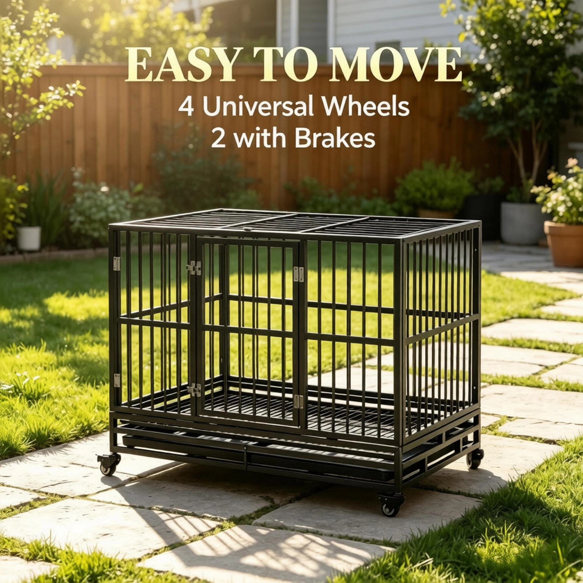 48 Inch Heavy Duty Metal Dog Crate Kennel with Lockable Wheels, Double Door & Removable Tray, Gray view 5