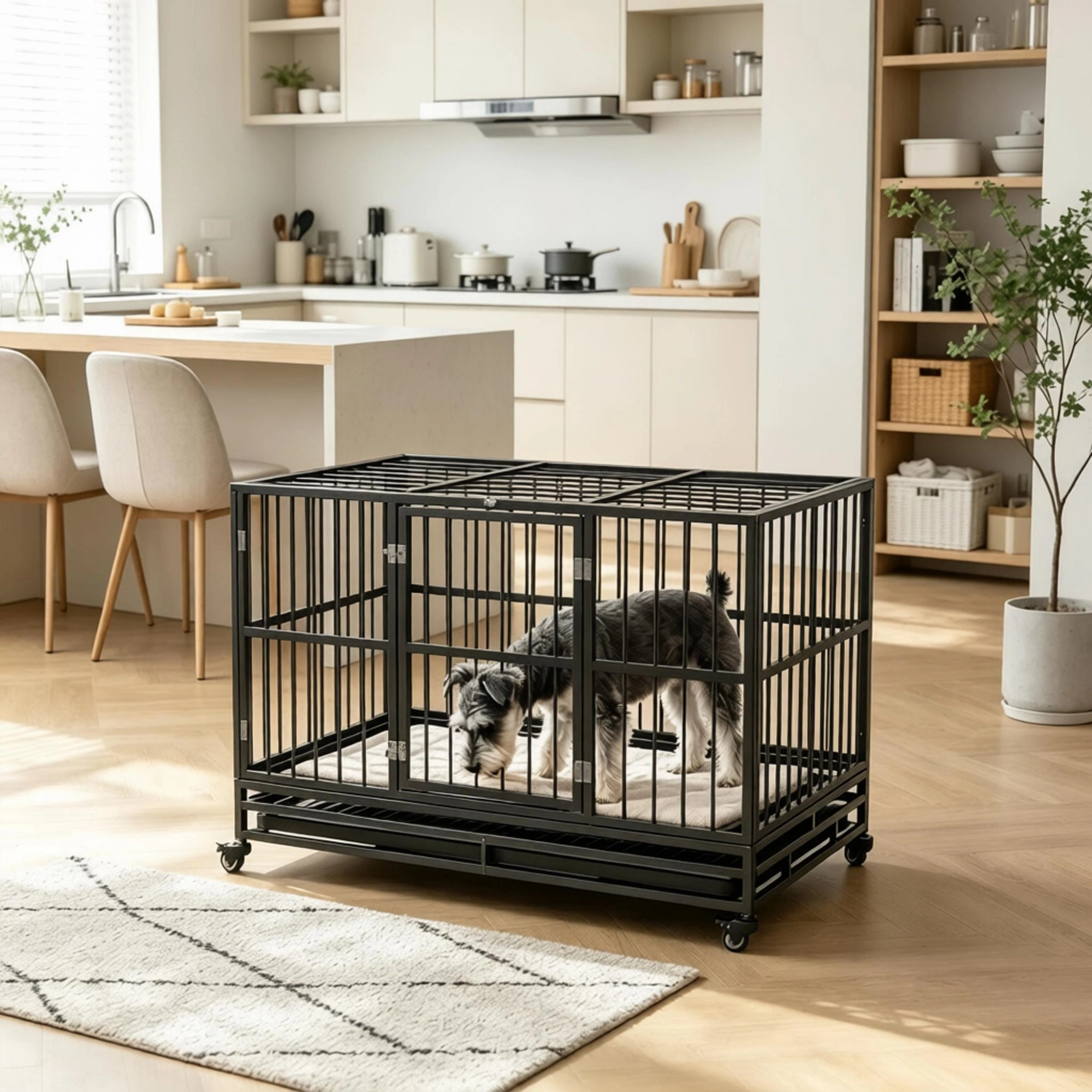 48 Inch Heavy Duty Metal Dog Crate Kennel with Lockable Wheels, Double Door & Removable Tray, Gray view 7