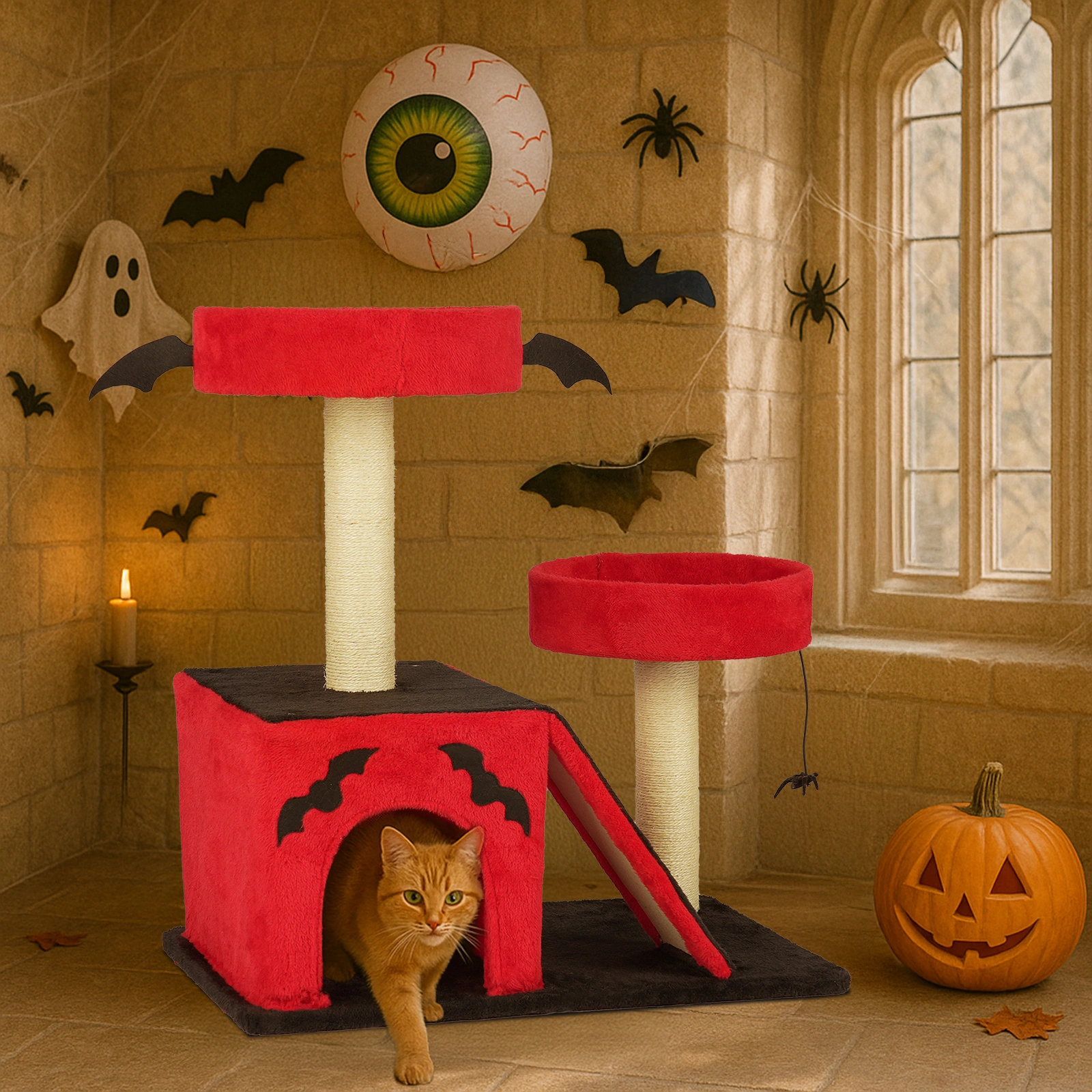 26" Gothic Cat Tree Tower with Spacious Condo, 2 Padded Perches, Scratching Posts & Ladder, Spider Toy for Large Cats, Red & Black view 10