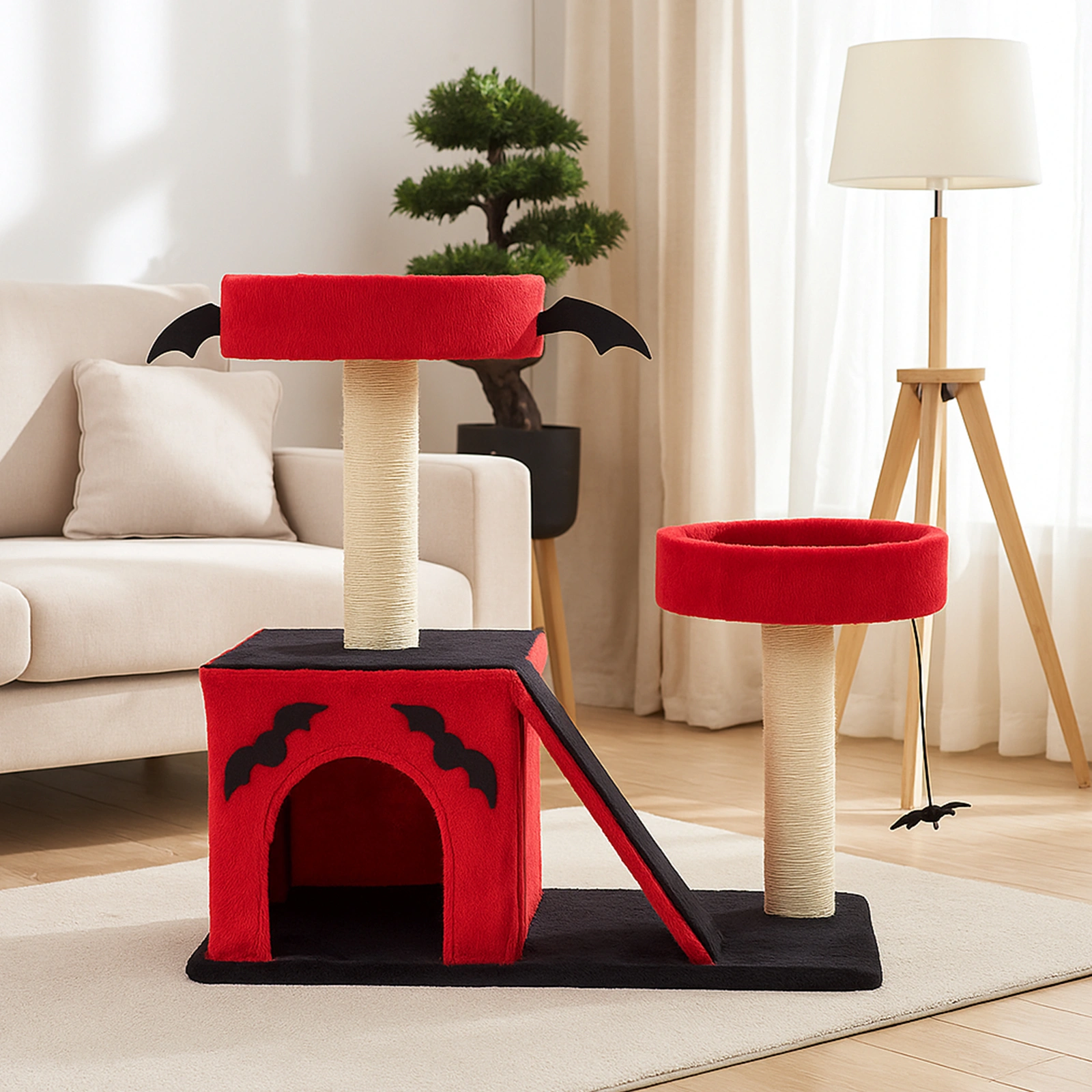 26" Gothic Cat Tree Tower with Spacious Condo, 2 Padded Perches, Scratching Posts & Ladder, Spider Toy for Large Cats, Red & Black view 11