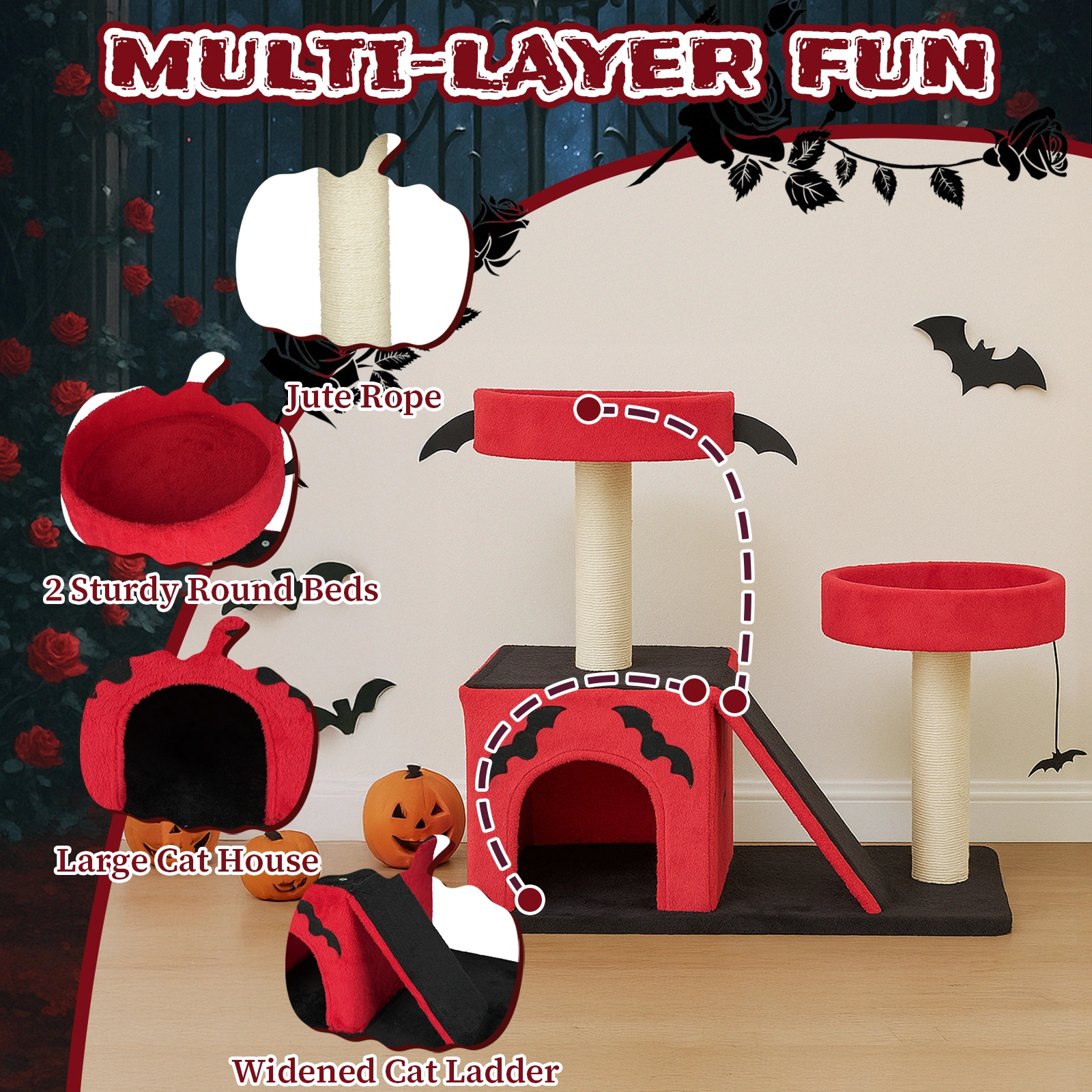 26" Gothic Cat Tree Tower with Spacious Condo, 2 Padded Perches, Scratching Posts & Ladder, Spider Toy for Large Cats, Red & Black view 12