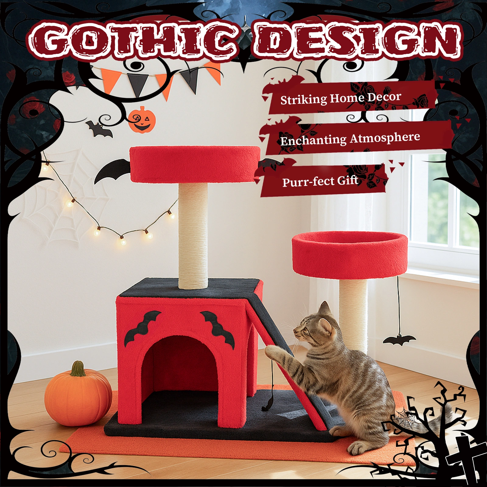 26" Gothic Cat Tree Tower with Spacious Condo, 2 Padded Perches, Scratching Posts & Ladder, Spider Toy for Large Cats, Red & Black view 5