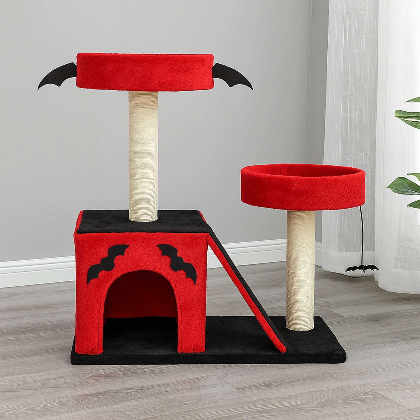 26" Gothic Cat Tree Tower with Spacious Condo, 2 Padded Perches, Scratching Posts & Ladder, Spider Toy for Large Cats, Red & Black view 6