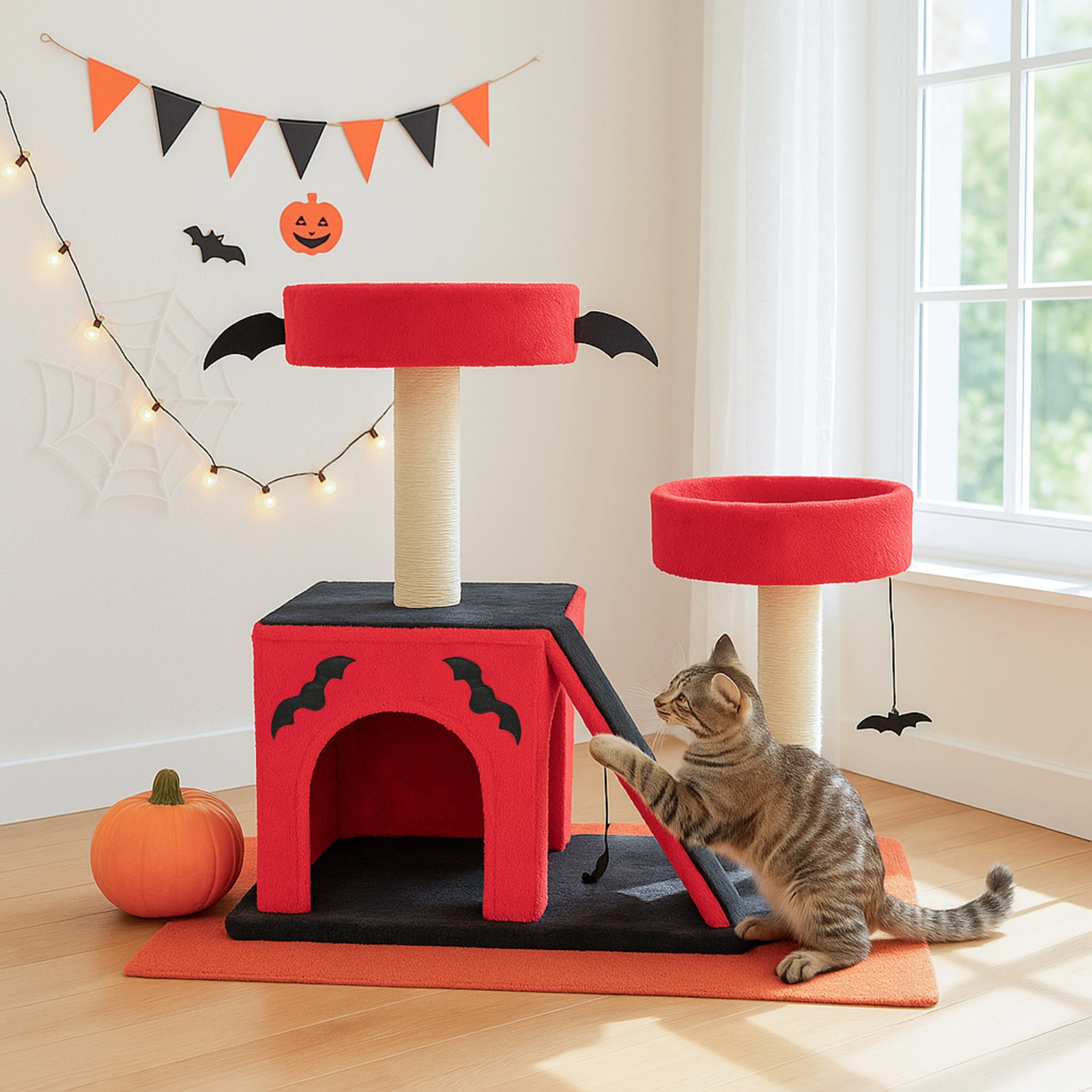 26" Gothic Cat Tree Tower with Spacious Condo, 2 Padded Perches, Scratching Posts & Ladder, Spider Toy for Large Cats, Red & Black view 7