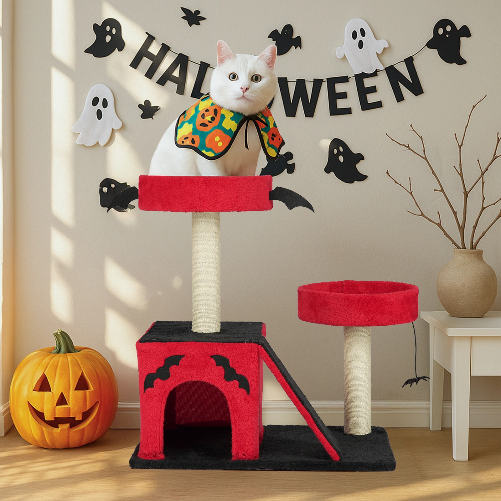 26" Gothic Cat Tree Tower with Spacious Condo, 2 Padded Perches, Scratching Posts & Ladder, Spider Toy for Large Cats, Red & Black view 8