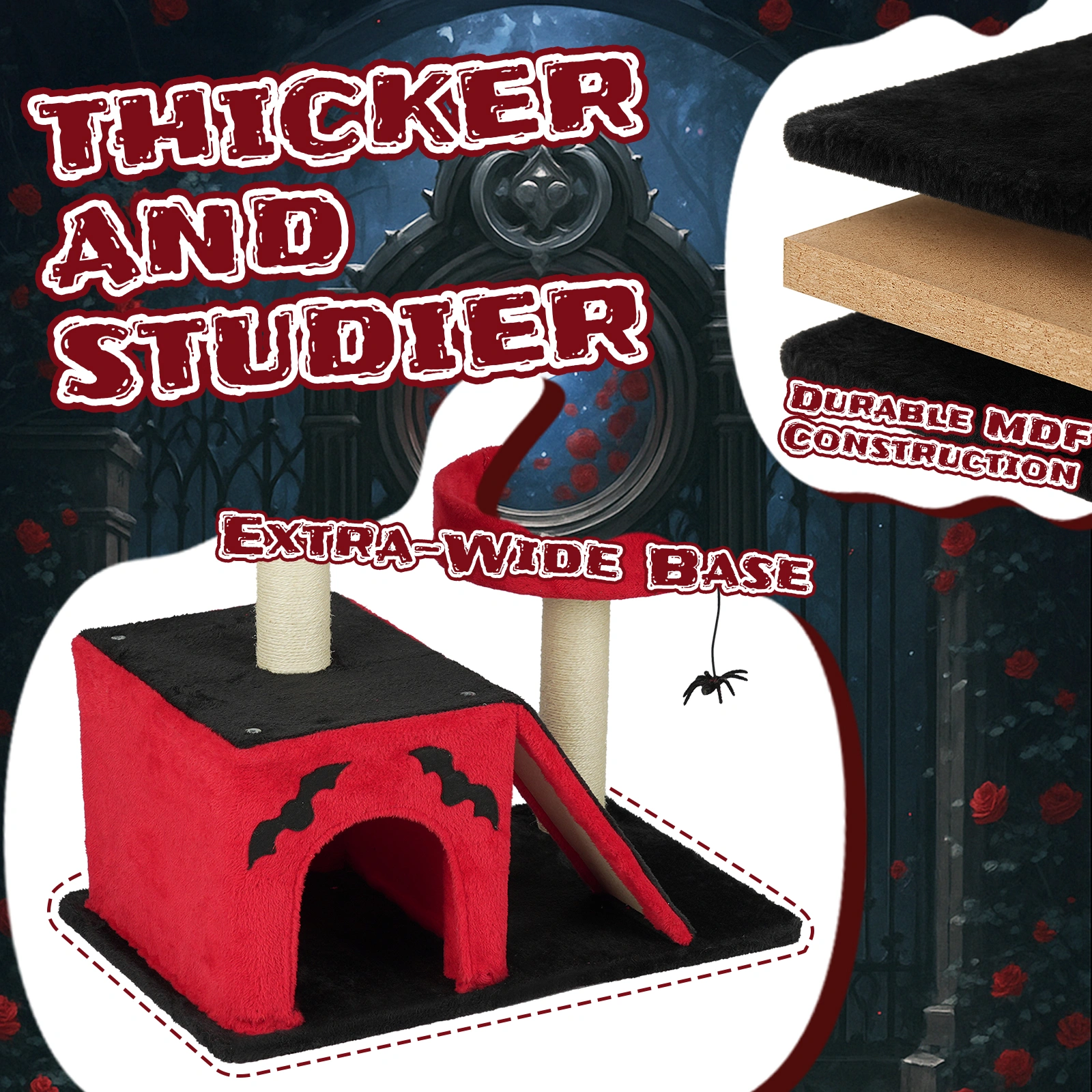 26" Gothic Cat Tree Tower with Spacious Condo, 2 Padded Perches, Scratching Posts & Ladder, Spider Toy for Large Cats, Red & Black view 9