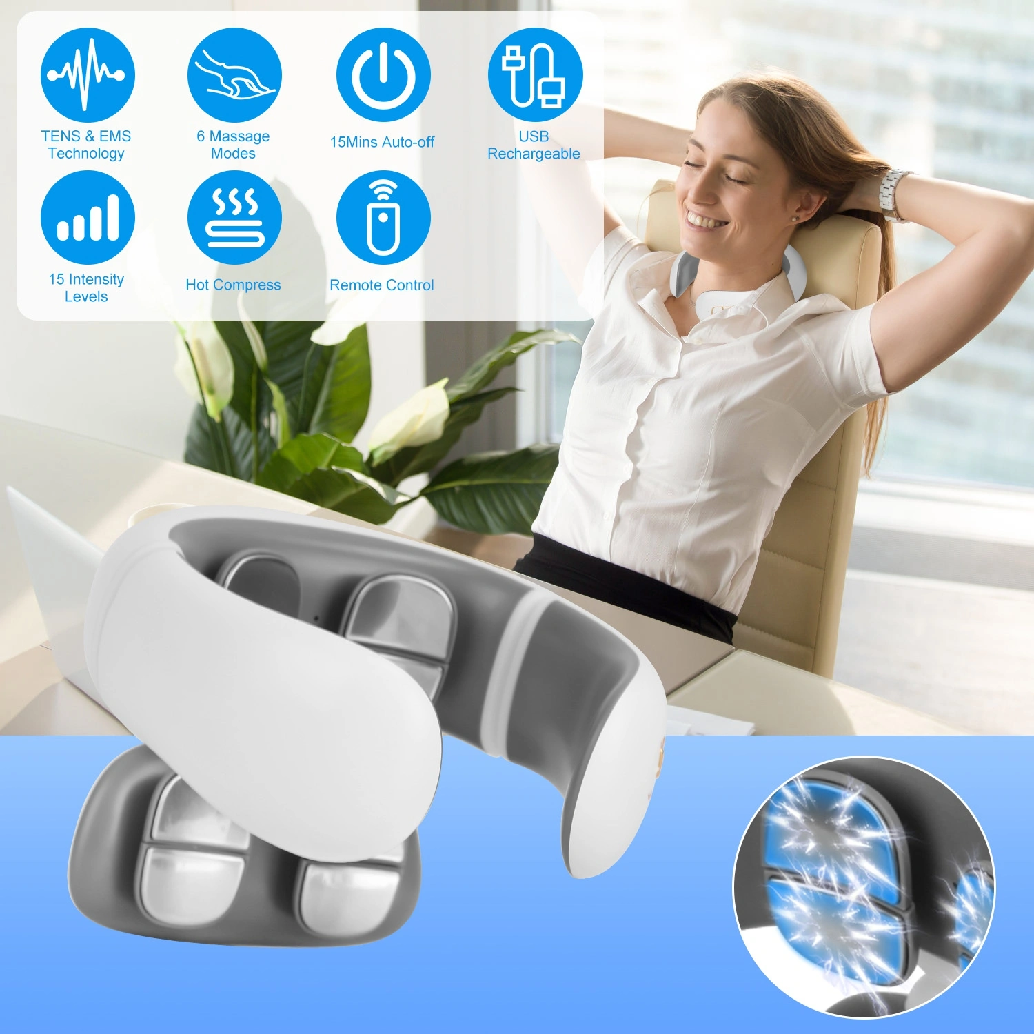 Portable Heated Neck Massager with Remote, TENS EMS 8 Heads, 6 Modes 20 Intensities, 15Min Auto Off, USB Rechargeable, Electric Pulse Neck Pain Relief view 10