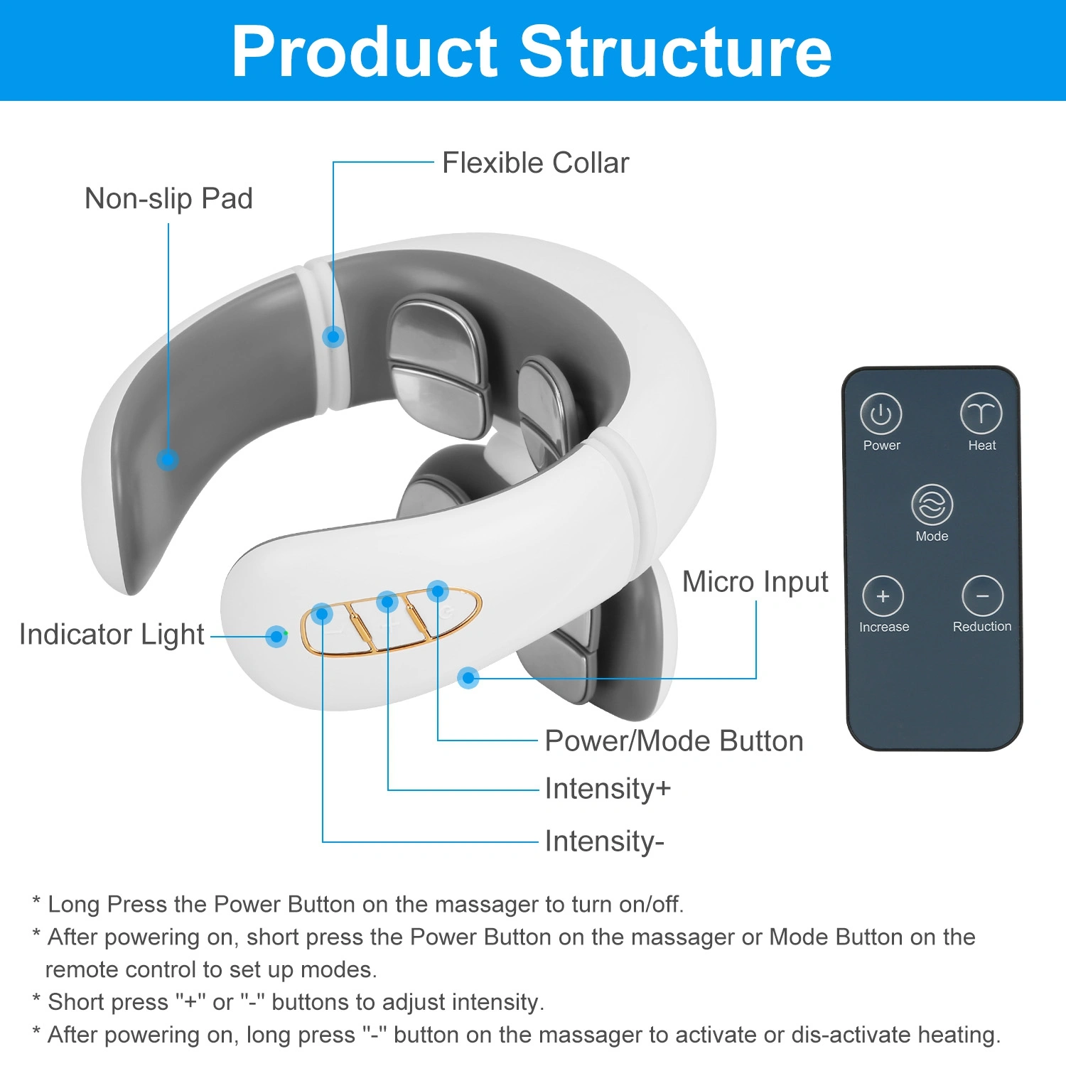 Portable Heated Neck Massager with Remote, TENS EMS 8 Heads, 6 Modes 20 Intensities, 15Min Auto Off, USB Rechargeable, Electric Pulse Neck Pain Relief view 2