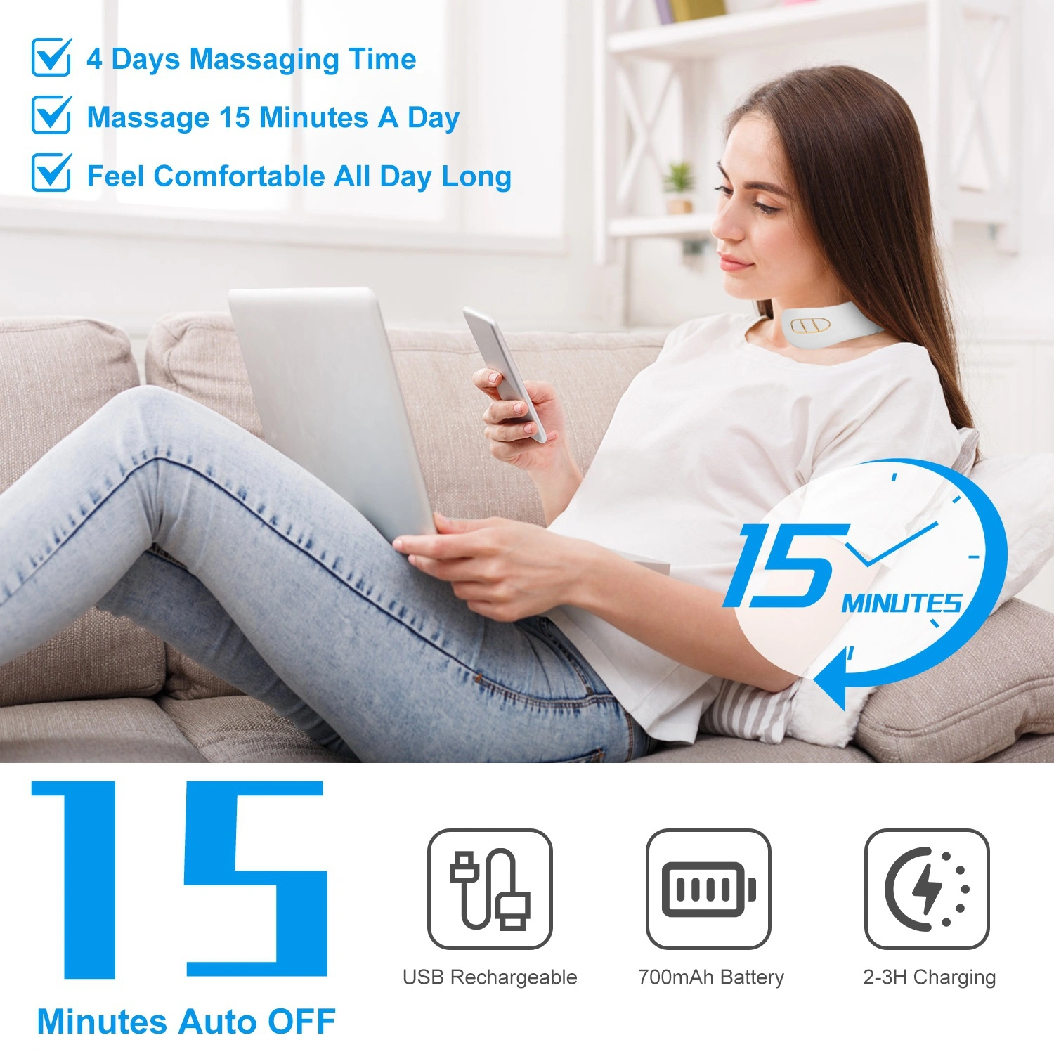 Portable Heated Neck Massager with Remote, TENS EMS 8 Heads, 6 Modes 20 Intensities, 15Min Auto Off, USB Rechargeable, Electric Pulse Neck Pain Relief view 6