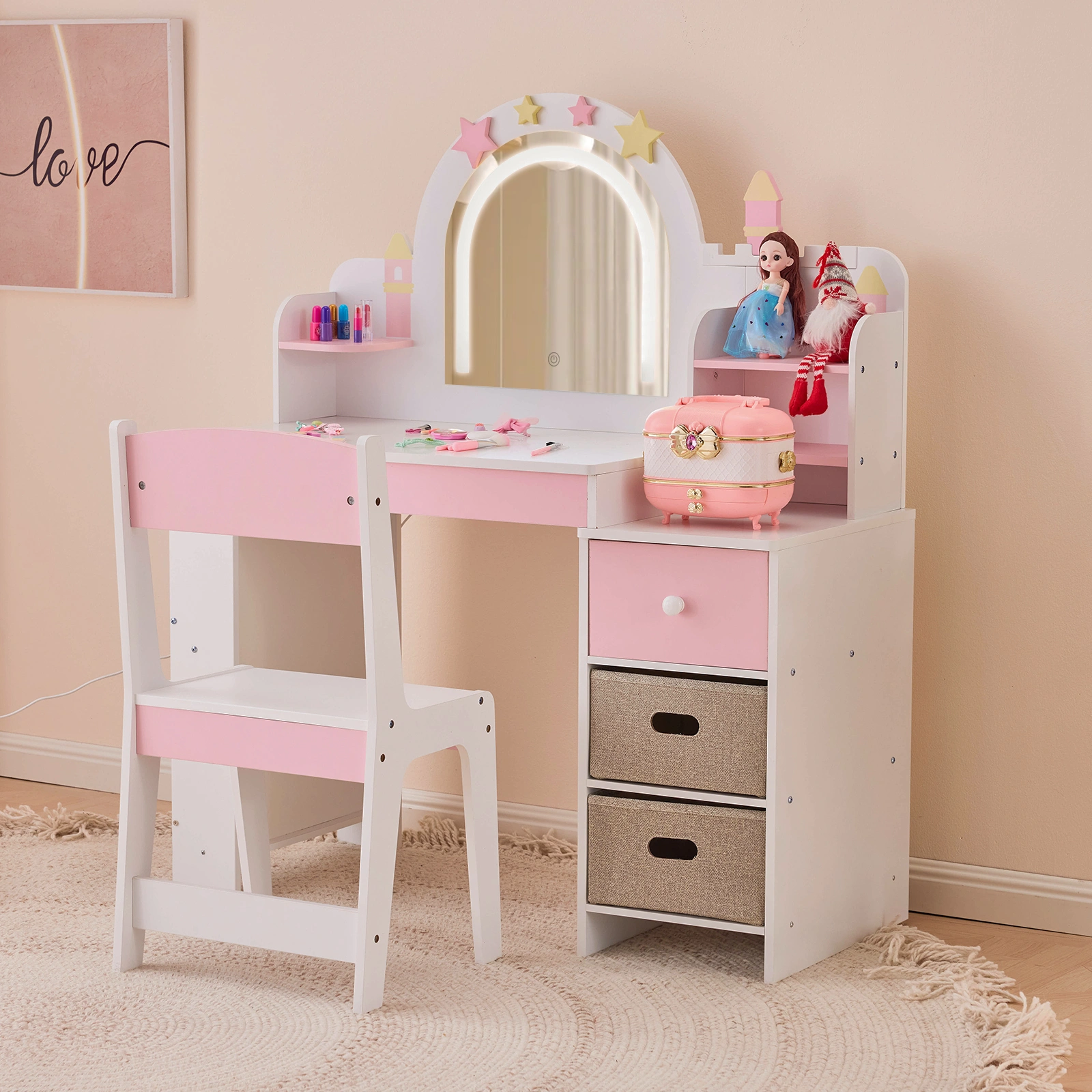 Childrens Dressing Table Set with Castle & Star Design, White Pink, 1 Wooden Drawer, 2 Fabric Drawers, 2-Tier Shelf, MDF Particleboard Dresser for Kids Girls Bedroom