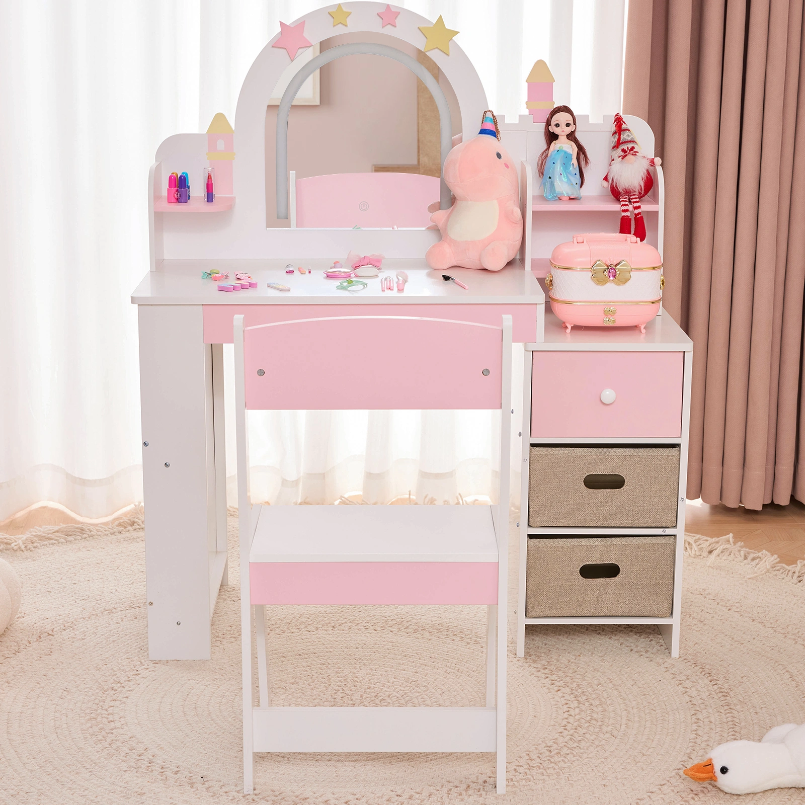 Childrens Dressing Table Set with Castle & Star Design, White Pink, 1 Wooden Drawer, 2 Fabric Drawers, 2-Tier Shelf, MDF Particleboard Dresser for Kids Girls Bedroom view 10