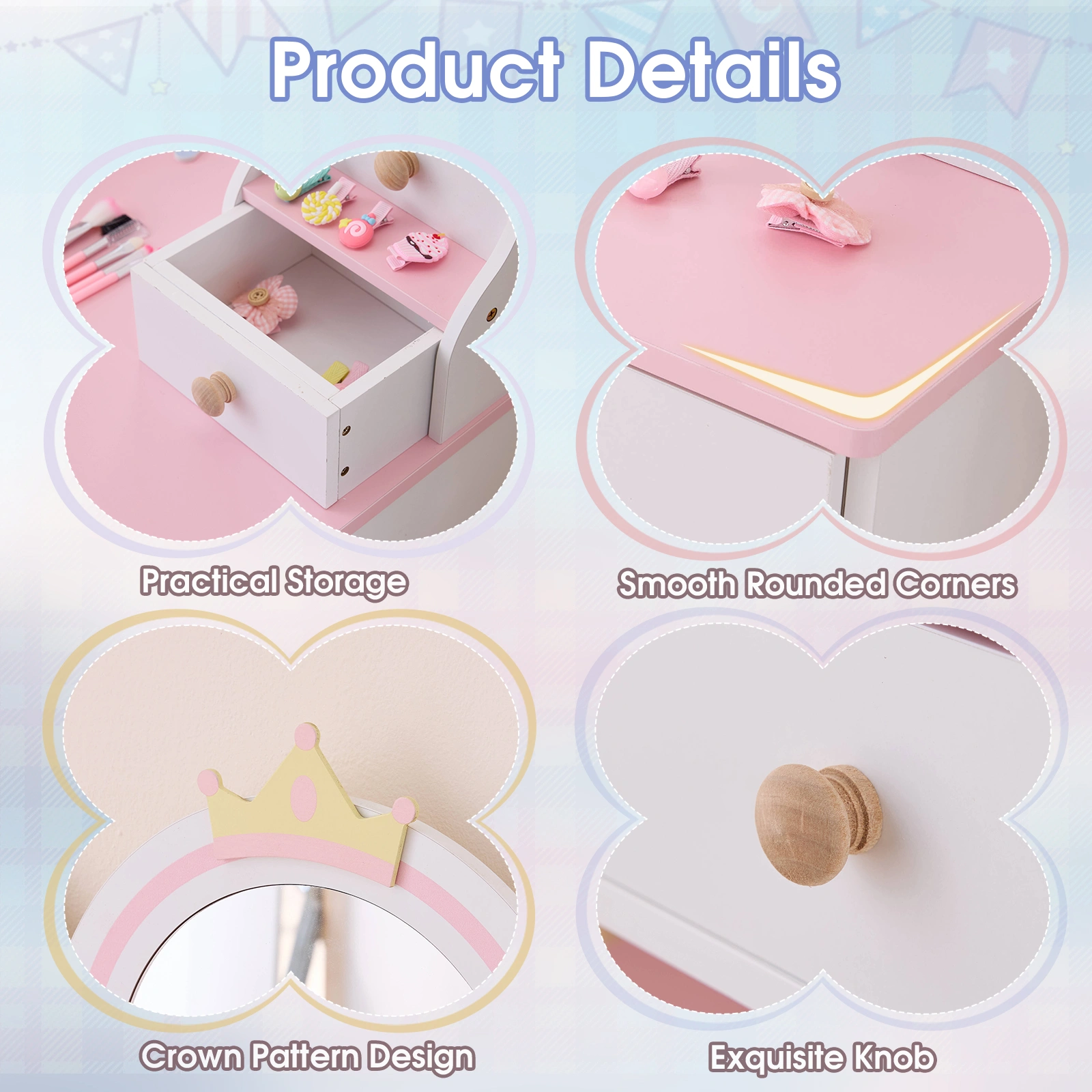 Childrens Dressing Table Set with Castle & Star Design, White Pink, 1 Wooden Drawer, 2 Fabric Drawers, 2-Tier Shelf, MDF Particleboard Dresser for Kids Girls Bedroom view 12