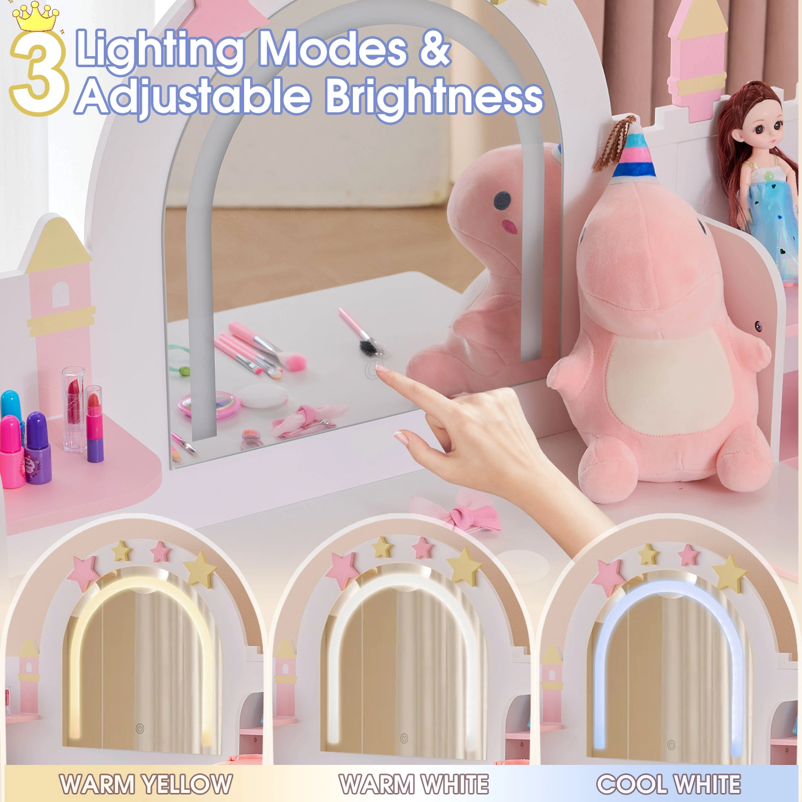 Childrens Dressing Table Set with Castle & Star Design, White Pink, 1 Wooden Drawer, 2 Fabric Drawers, 2-Tier Shelf, MDF Particleboard Dresser for Kids Girls Bedroom view 14
