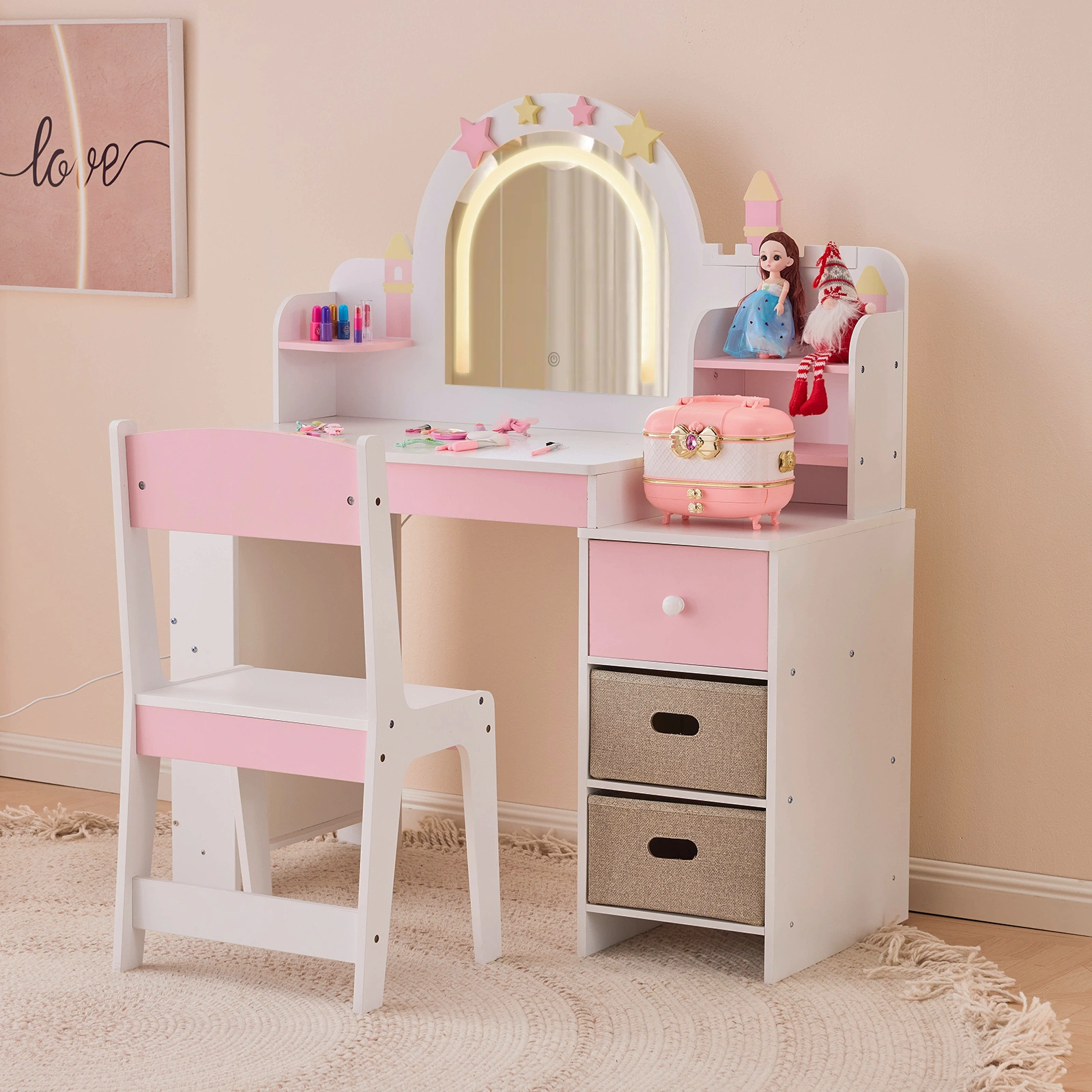 Childrens Dressing Table Set with Castle & Star Design, White Pink, 1 Wooden Drawer, 2 Fabric Drawers, 2-Tier Shelf, MDF Particleboard Dresser for Kids Girls Bedroom view 15