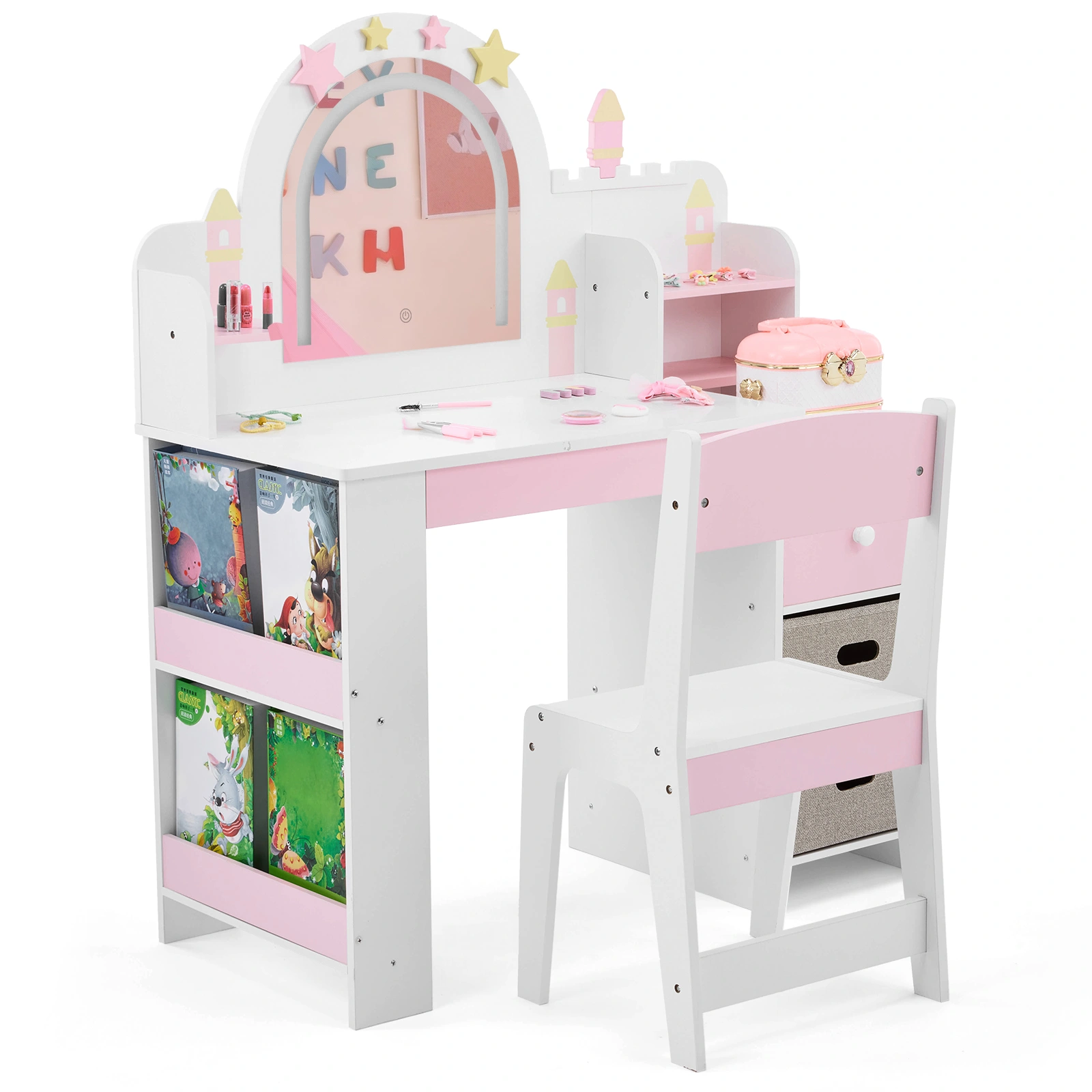 Childrens Dressing Table Set with Castle & Star Design, White Pink, 1 Wooden Drawer, 2 Fabric Drawers, 2-Tier Shelf, MDF Particleboard Dresser for Kids Girls Bedroom view 3
