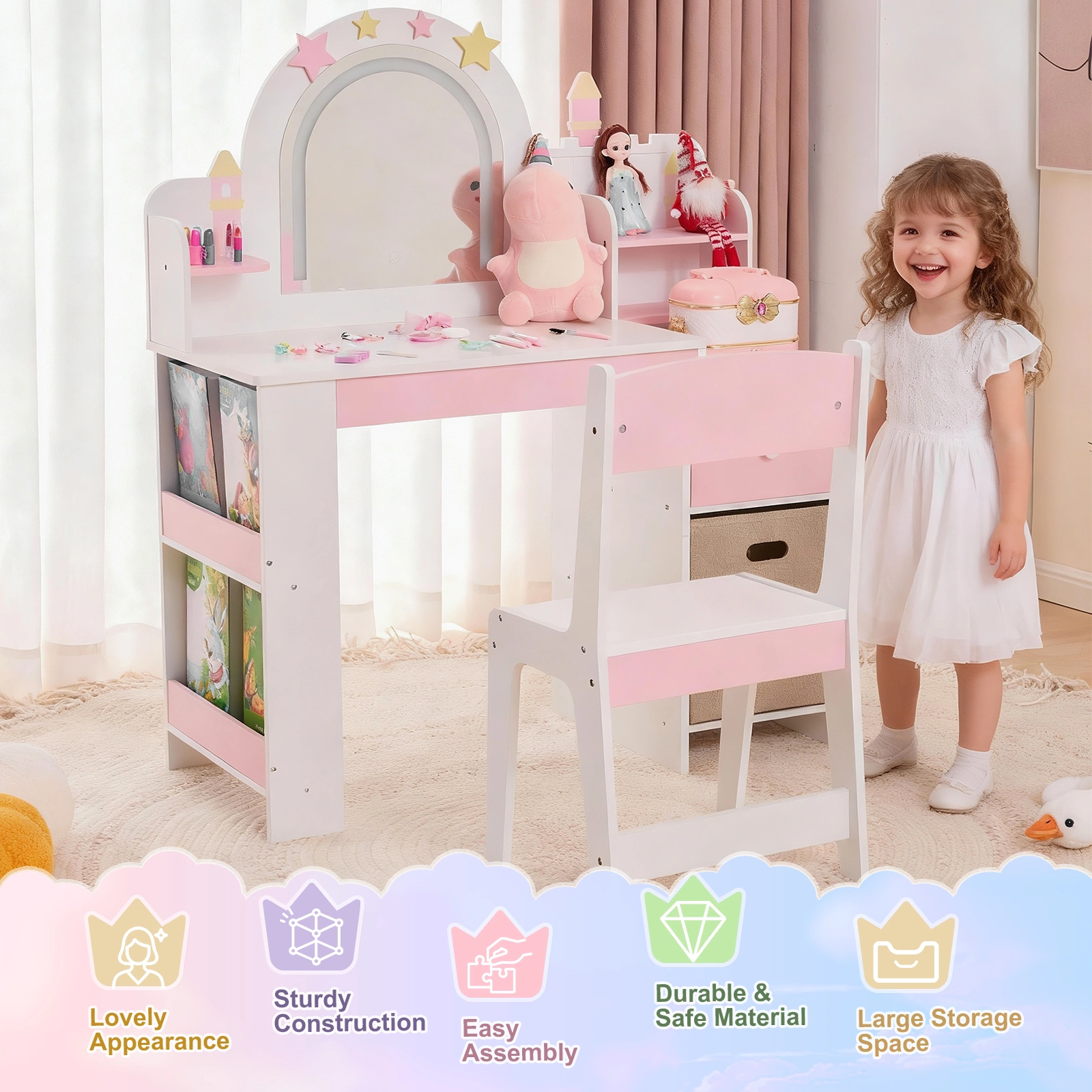 Childrens Dressing Table Set with Castle & Star Design, White Pink, 1 Wooden Drawer, 2 Fabric Drawers, 2-Tier Shelf, MDF Particleboard Dresser for Kids Girls Bedroom view 4