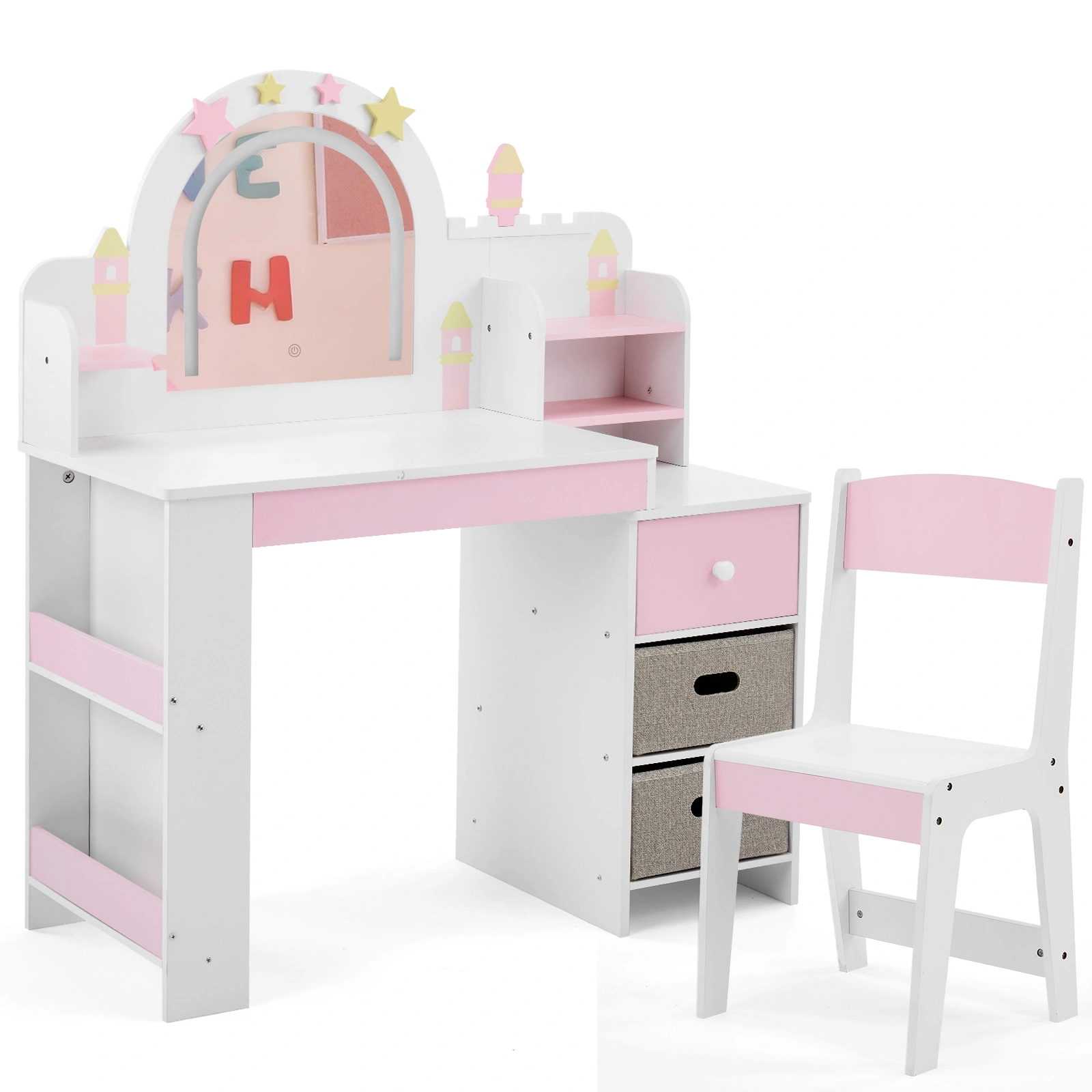 Childrens Dressing Table Set with Castle & Star Design, White Pink, 1 Wooden Drawer, 2 Fabric Drawers, 2-Tier Shelf, MDF Particleboard Dresser for Kids Girls Bedroom view 6