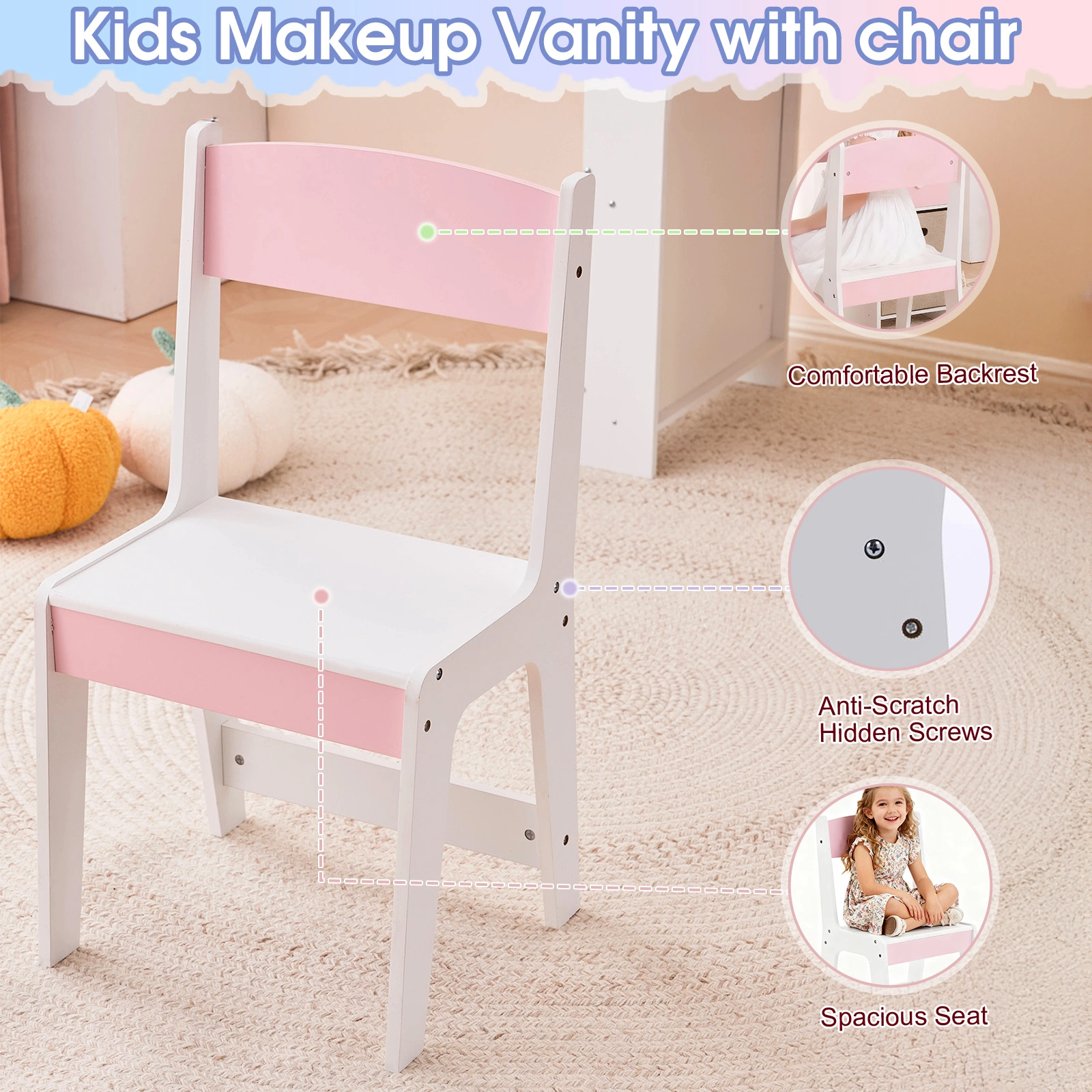 Childrens Dressing Table Set with Castle & Star Design, White Pink, 1 Wooden Drawer, 2 Fabric Drawers, 2-Tier Shelf, MDF Particleboard Dresser for Kids Girls Bedroom view 7