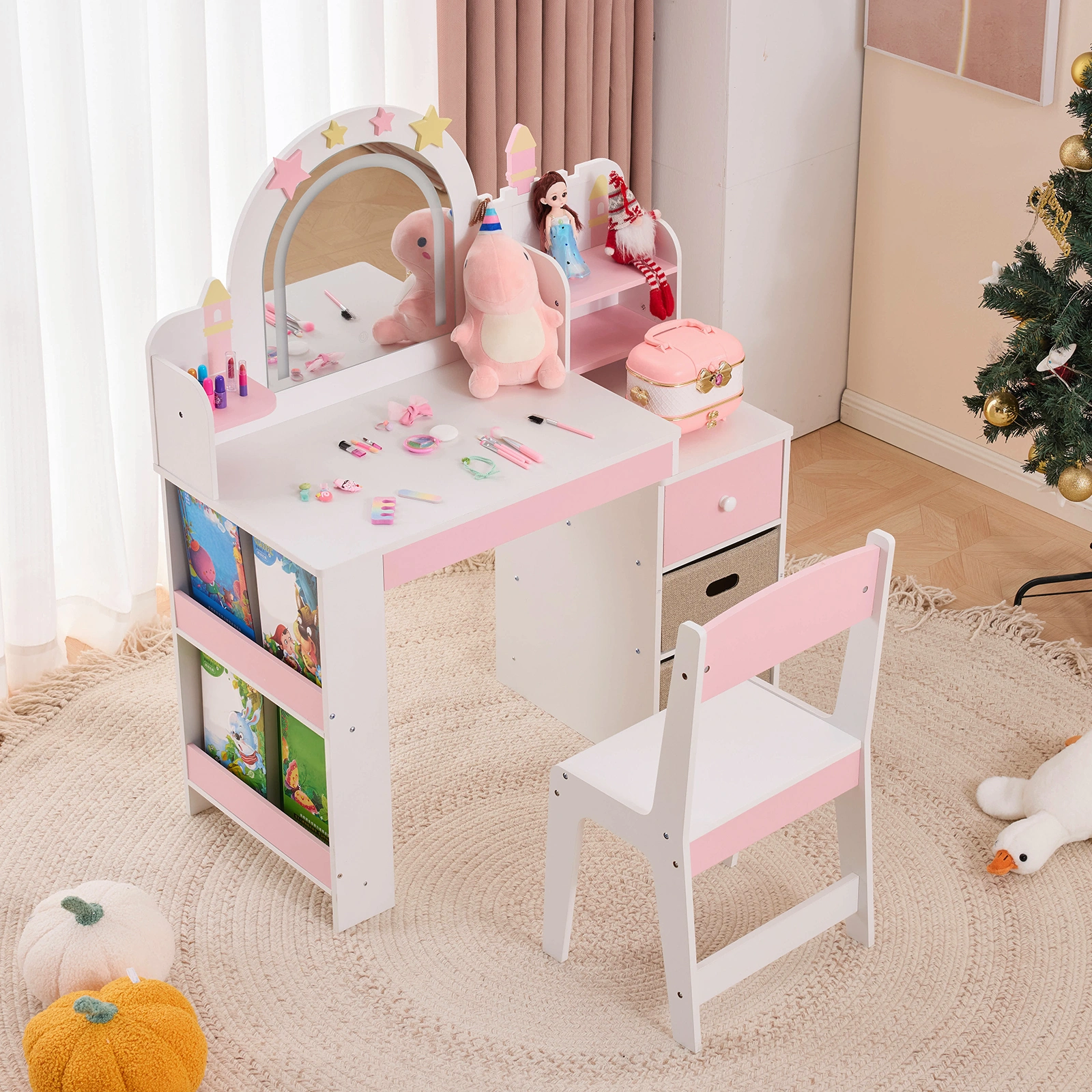 Childrens Dressing Table Set with Castle & Star Design, White Pink, 1 Wooden Drawer, 2 Fabric Drawers, 2-Tier Shelf, MDF Particleboard Dresser for Kids Girls Bedroom view 9