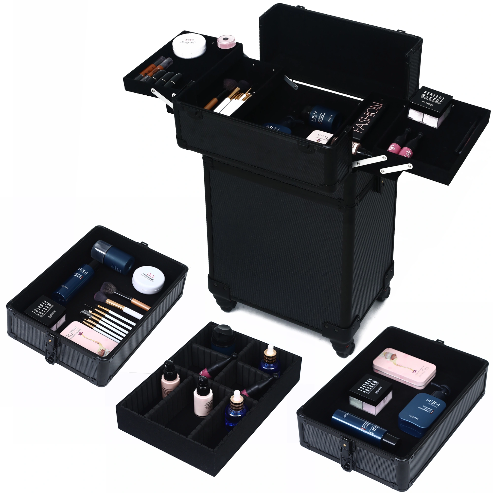 4Pcs ABS Cosmetic Case with Trolley & Universal Wheels, All Black Rolling Makeup Organizer