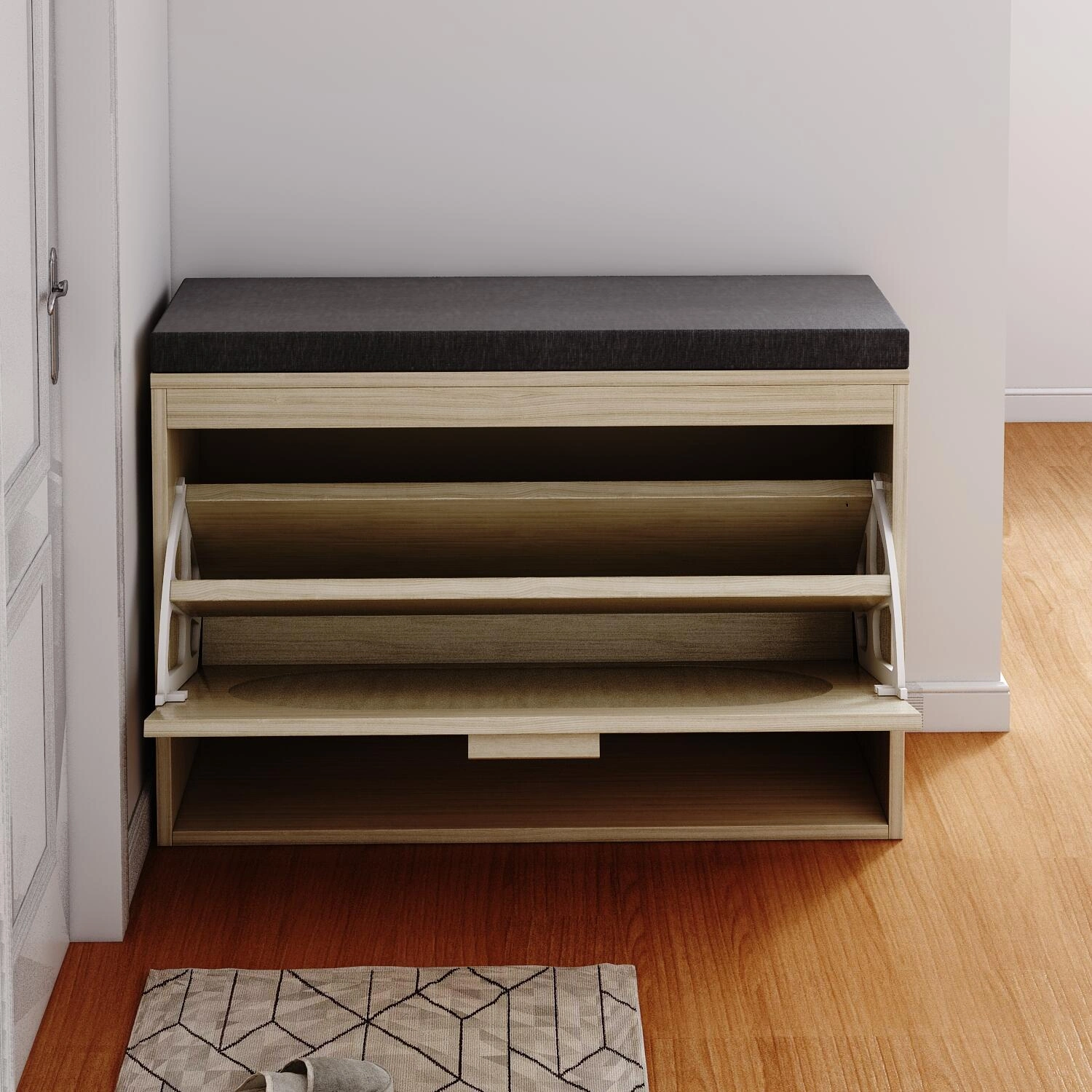 Rattan Shoe Rack, Hallway Shoe Bench, Shoe Cabinet with Flip-Drawer and Seat Cushion view 5
