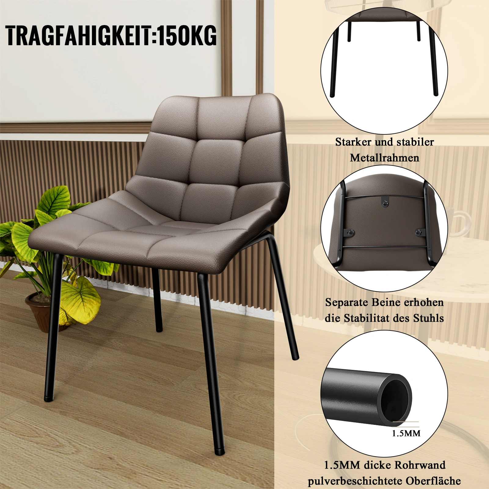 Modern Esszimmerstühle 8er Set, Kunstleder mit Hoher Rückenlehne, Gepolsterte Esstischstühle mit Metallfüßen, für Küche Wohnzimmer view 3