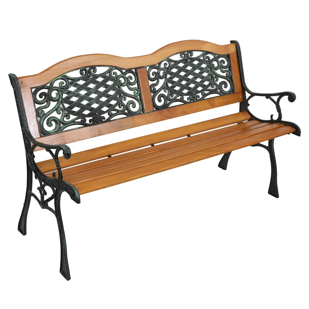 49" Garden Bench Outdoor, Hardwood Slats Patio Park Chair with Cast Iron Frame, Durable Seat for Yard Porch Backyard