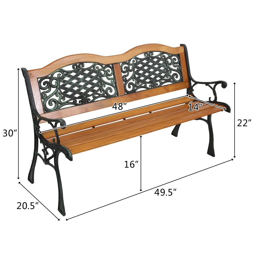 49" Garden Bench Outdoor, Hardwood Slats Patio Park Chair with Cast Iron Frame, Durable Seat for Yard Porch Backyard view 2