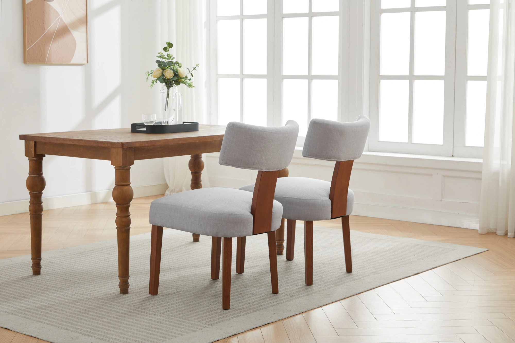 Set of 2 Gray Linen Fabric Dining Chairs, Modern Armless Side Chairs with Curved Backrest & Solid Wooden Legs for Dining Room, Living Room view 15