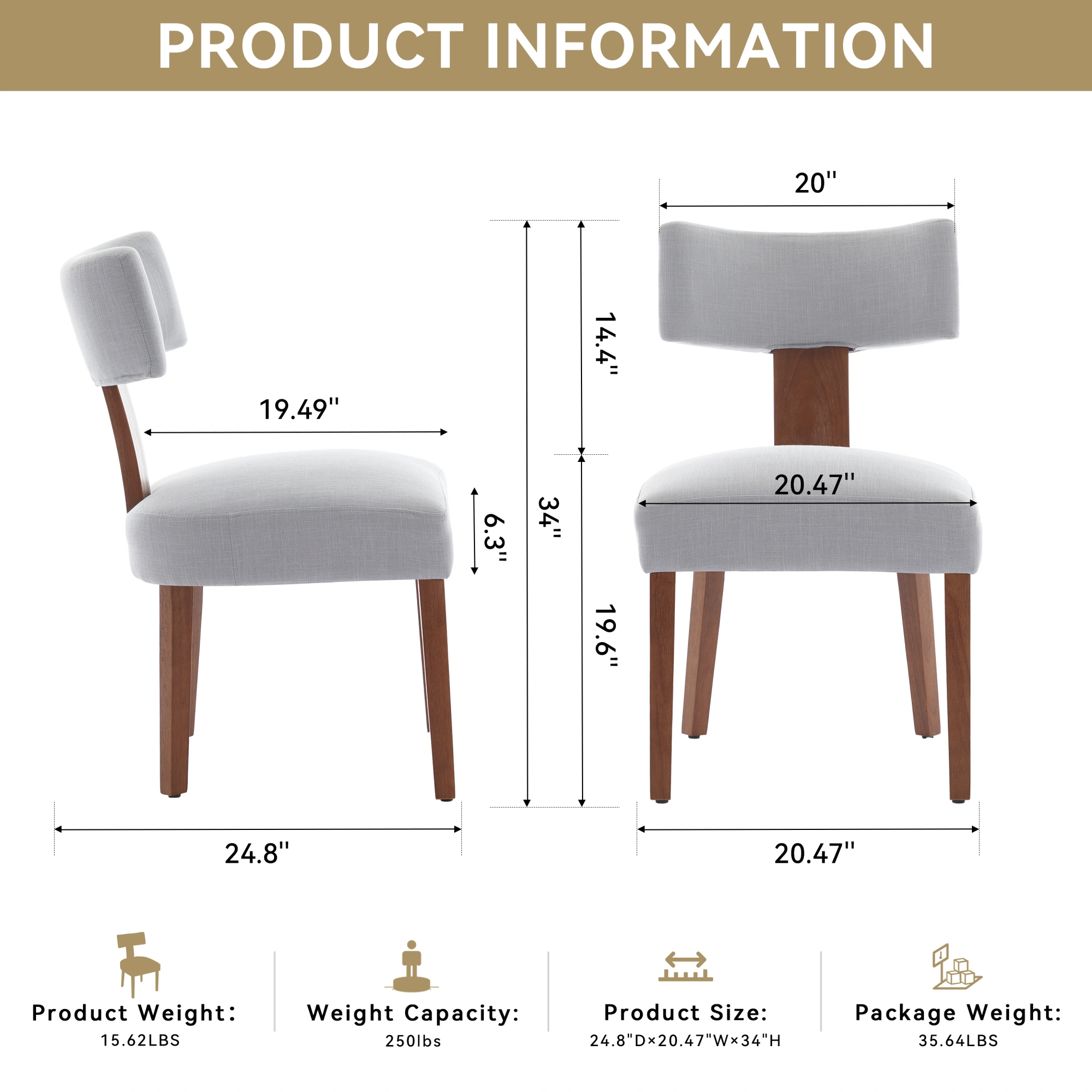 Set of 2 Gray Linen Fabric Dining Chairs, Modern Armless Side Chairs with Curved Backrest & Solid Wooden Legs for Dining Room, Living Room view 2