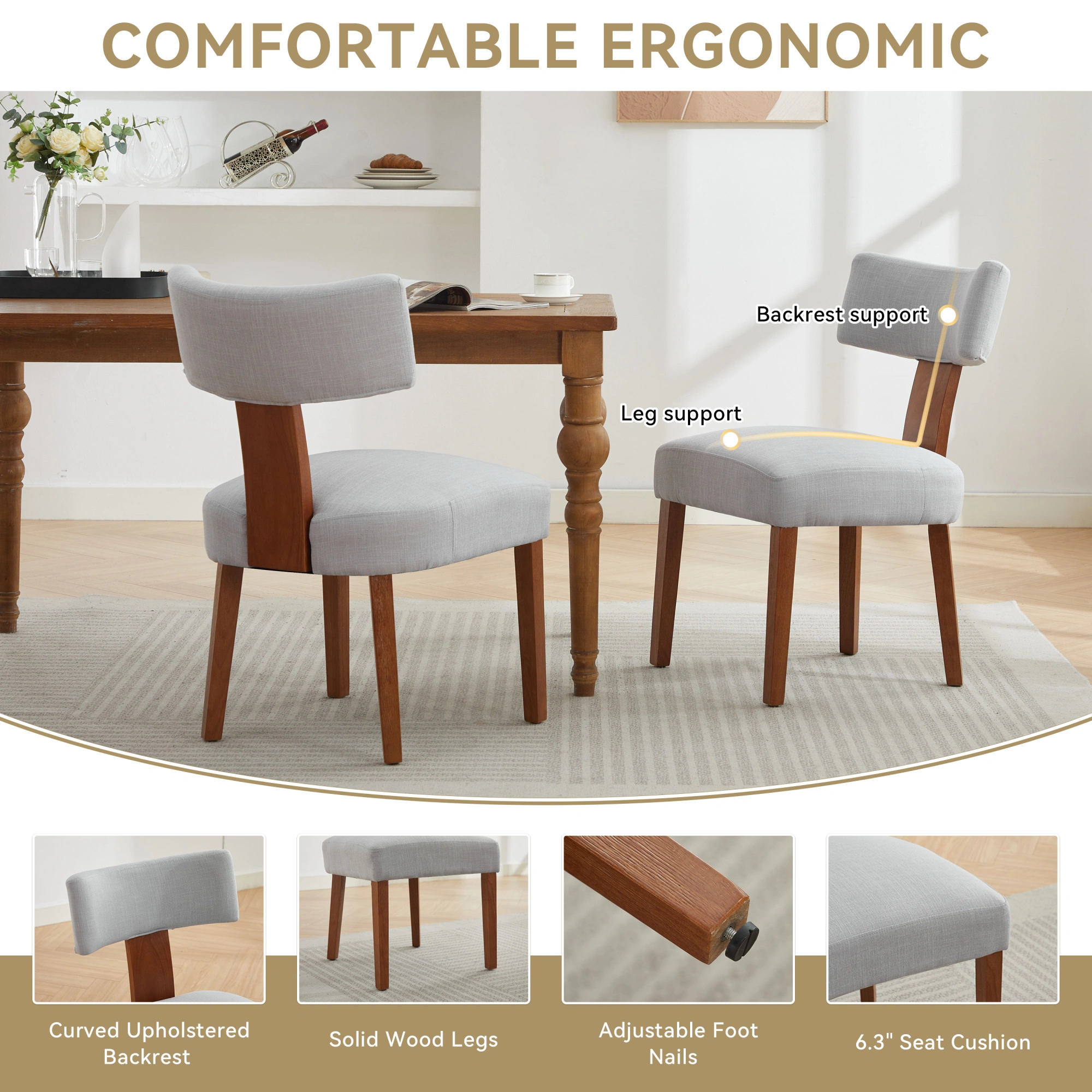 Set of 2 Gray Linen Fabric Dining Chairs, Modern Armless Side Chairs with Curved Backrest & Solid Wooden Legs for Dining Room, Living Room view 5