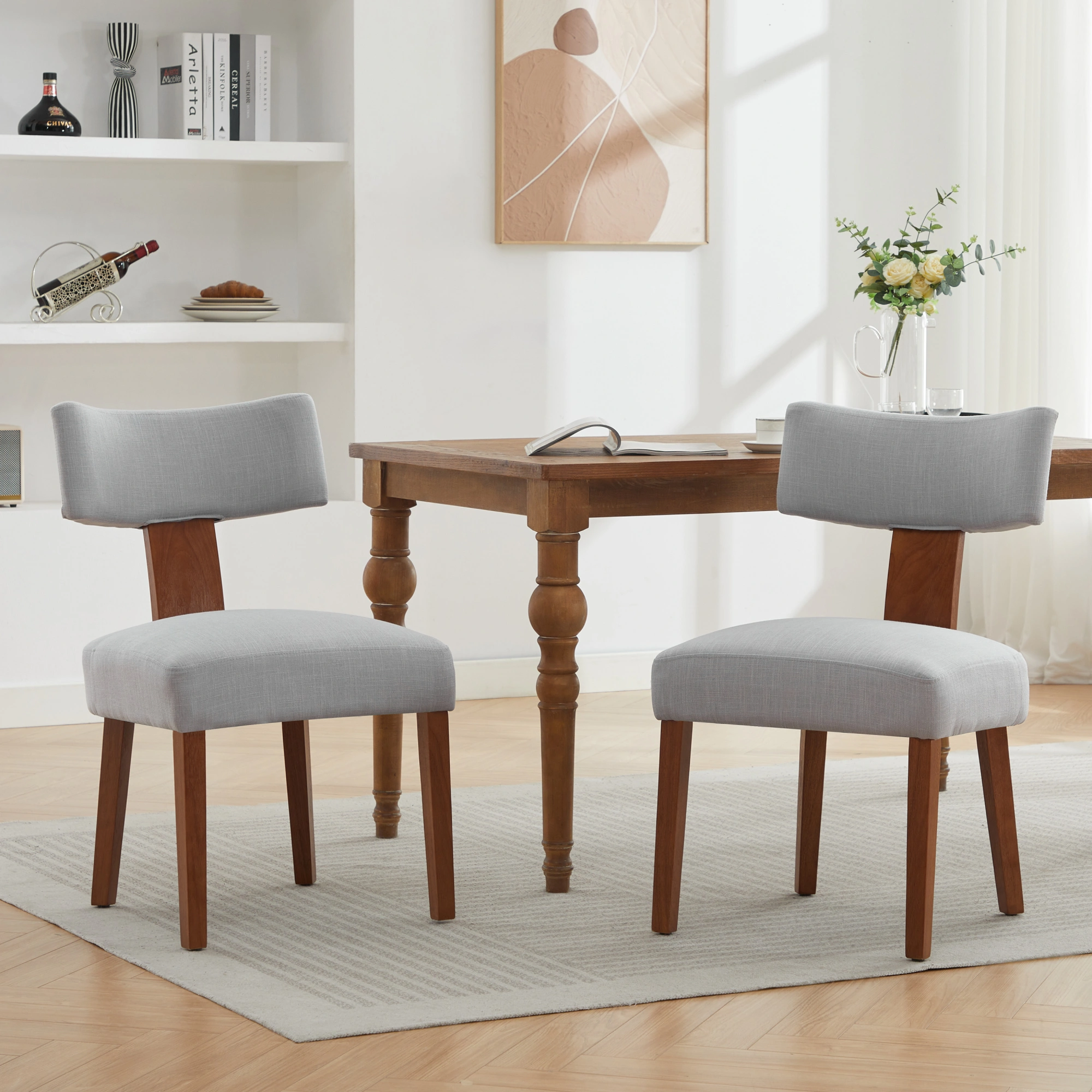 Set of 2 Gray Linen Fabric Dining Chairs, Modern Armless Side Chairs with Curved Backrest & Solid Wooden Legs for Dining Room, Living Room view 6