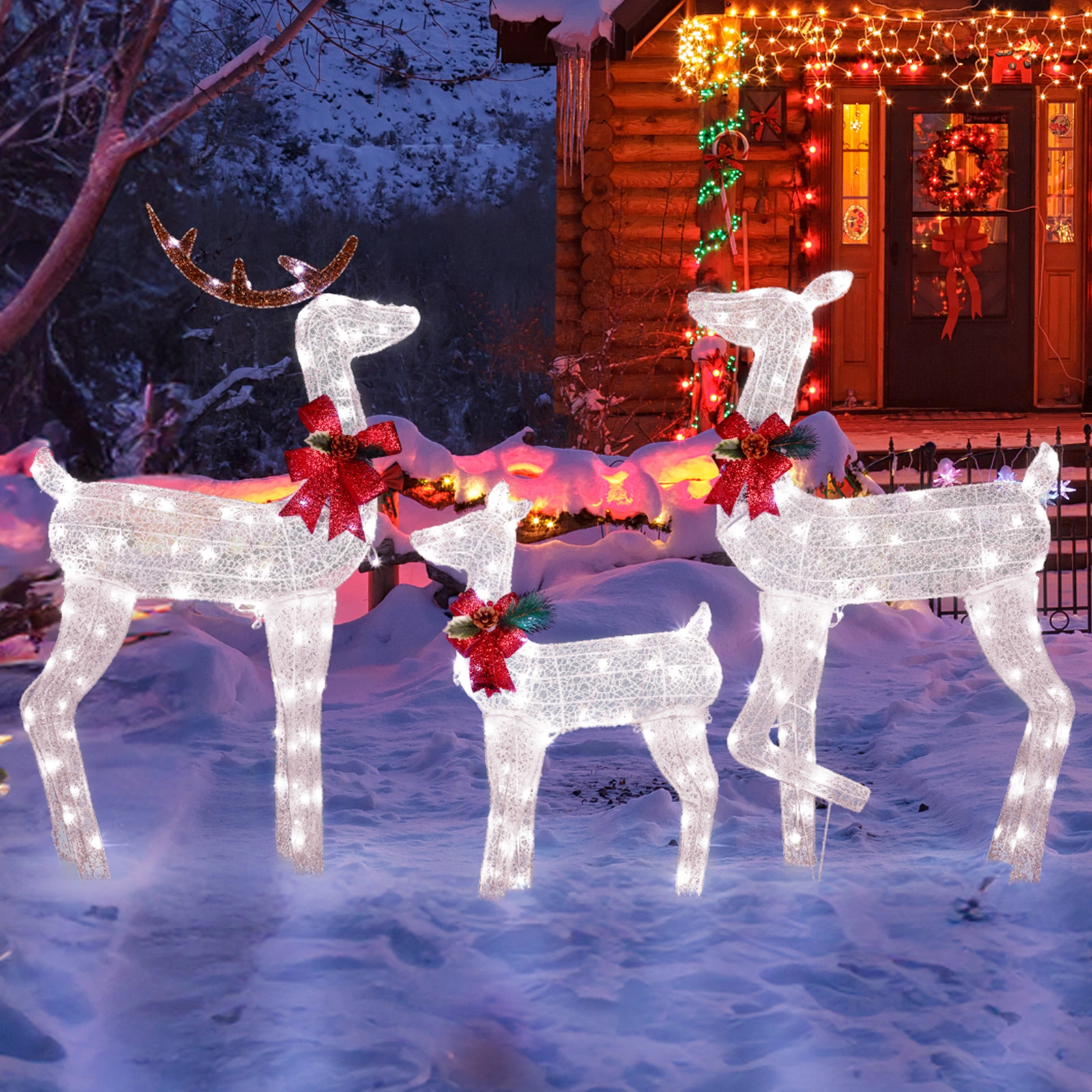 3 Piece Lighted Christmas Reindeer Family Set Weather Proof 2D Deer Outdoor Decor with 200 LED Warm White Lights Stakes White