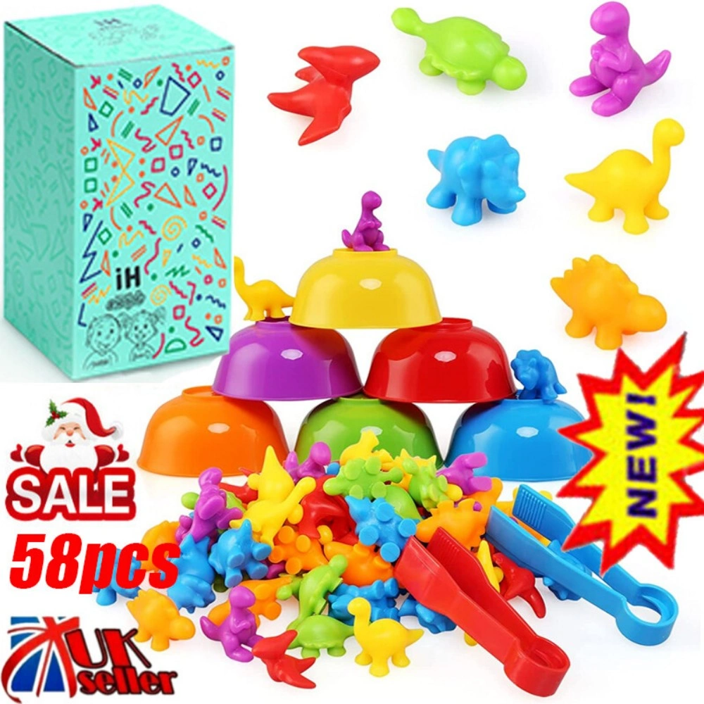 Montessori Counting Dinosaurs Toys 58 Pieces, Rainbow Educational Color Matching Cups for Kids view 2