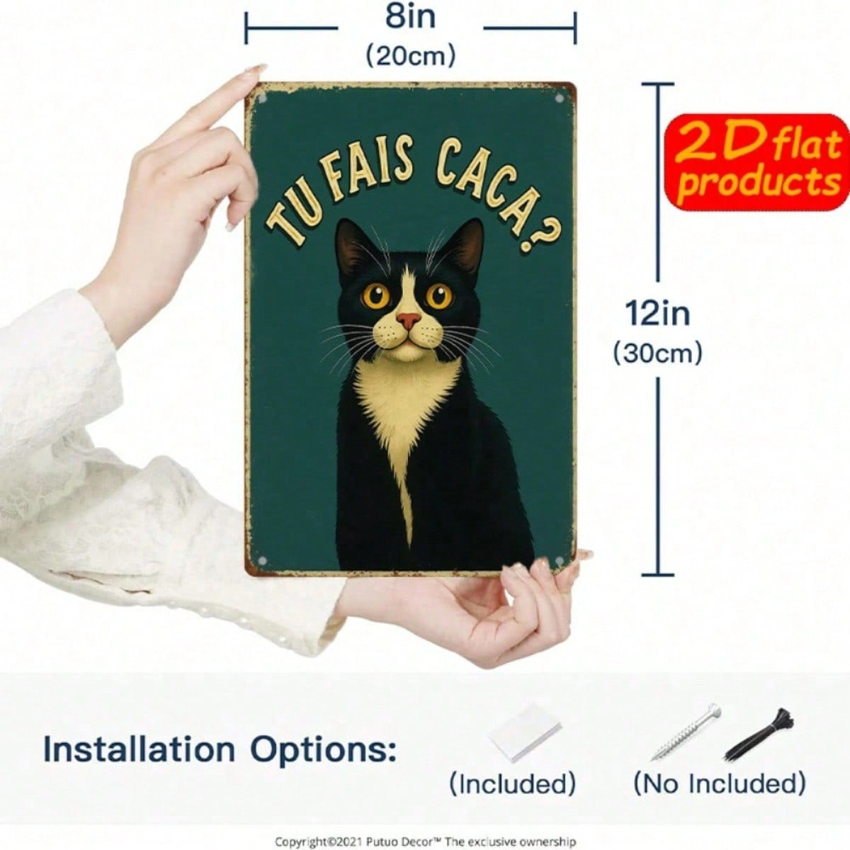 CIFbuy Vintage Black Cat Metal Wall Sign, TU FAIS" CACA? French Text Funny Decor, Weatherproof Rustproof UV Resistant, 7.87x11.81 Inch 2 view 3