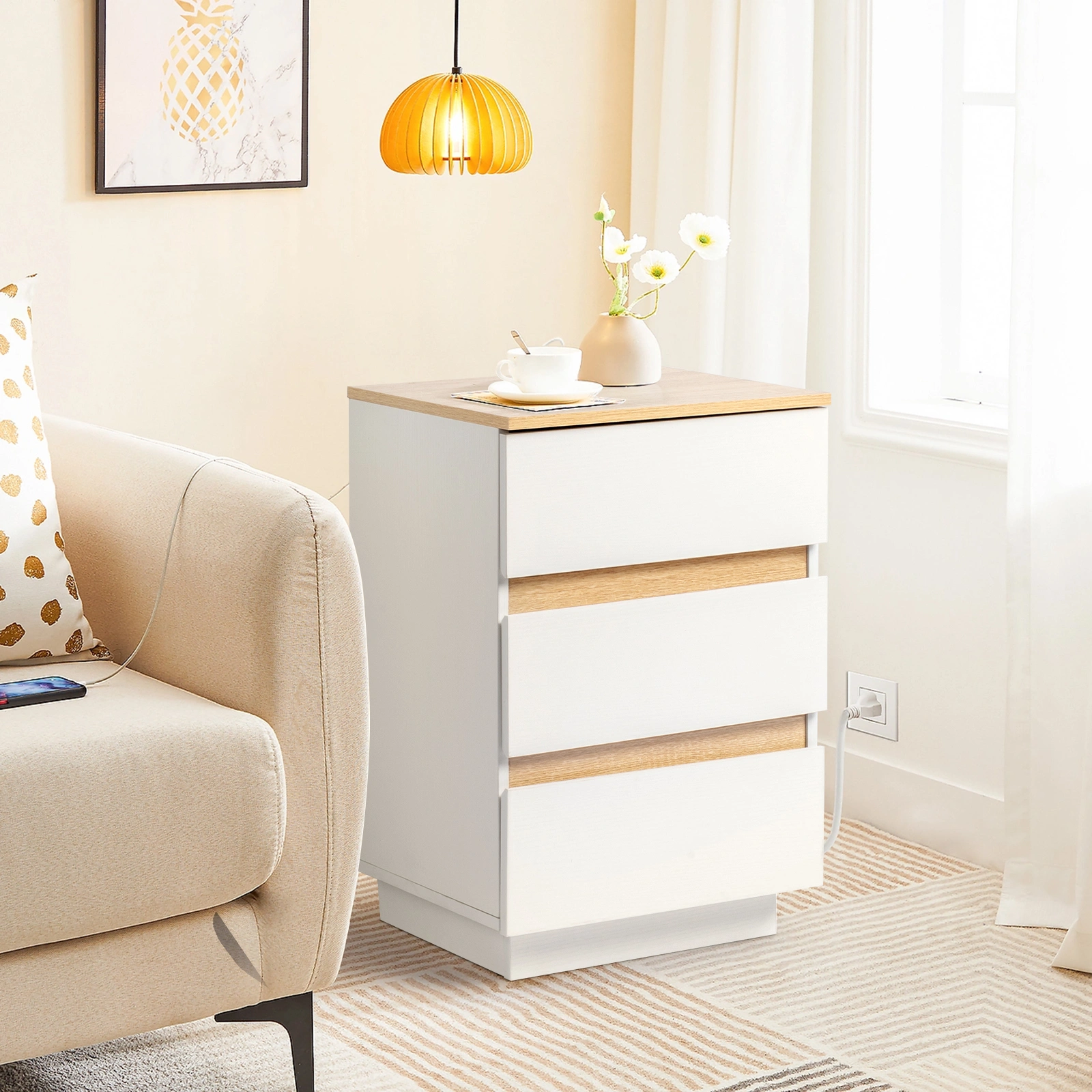 Embossed White & Oak Bedside Table, 3-Drawer Nightstand, 12mm E1 Particle Board, Handle-Free Design, 38x32x56cm, White Oak view 3