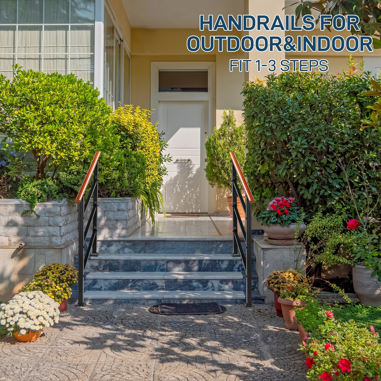 Handrails for Outdoor Steps, Wrought Iron Solid Wood Hand Railing for Concrete Steps, Porch Steps, Wooden Steps, Fits 1 to 3 Steps view 2