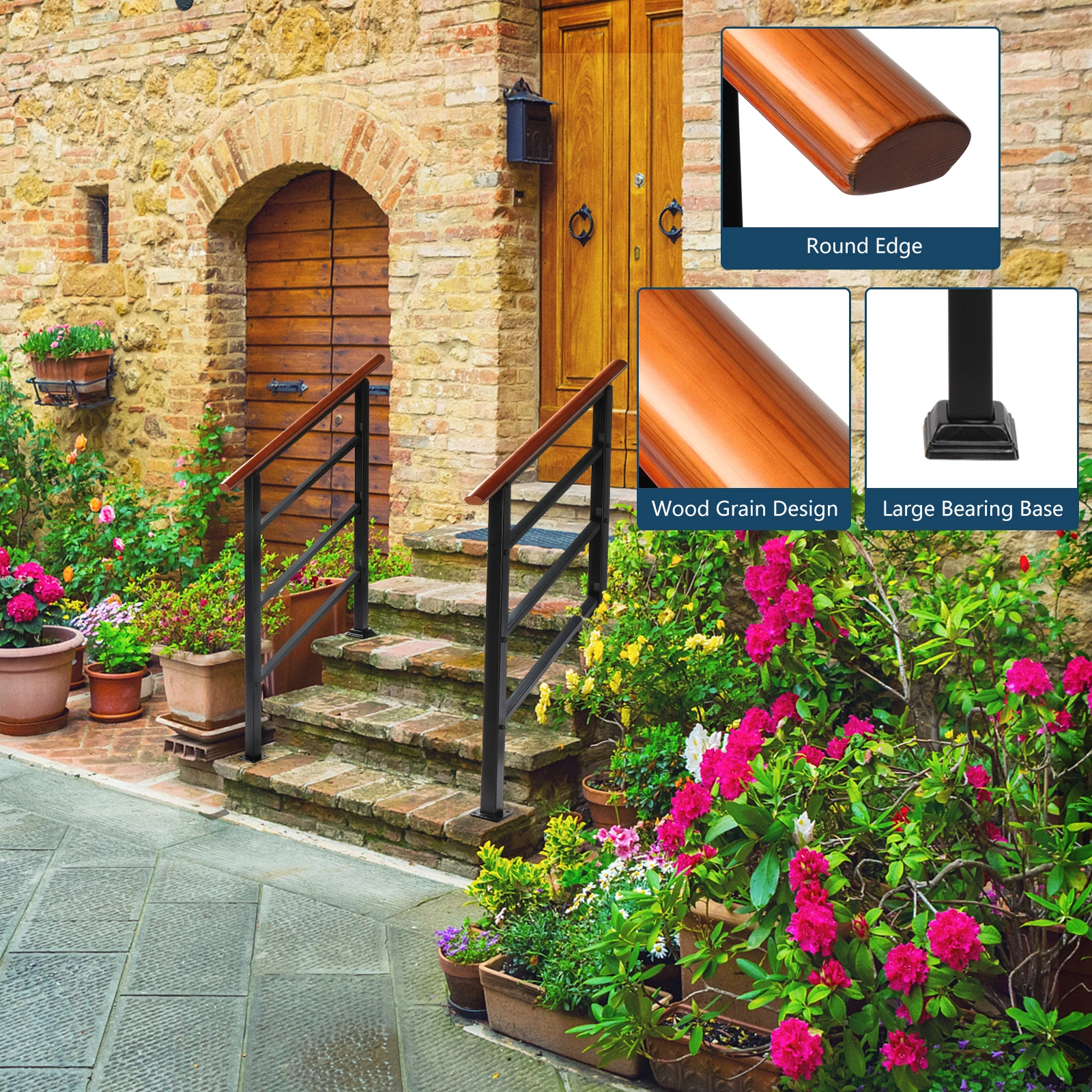 Handrails for Outdoor Steps, Wrought Iron Solid Wood Hand Railing for Concrete Steps, Porch Steps, Wooden Steps, Fits 1 to 3 Steps view 3