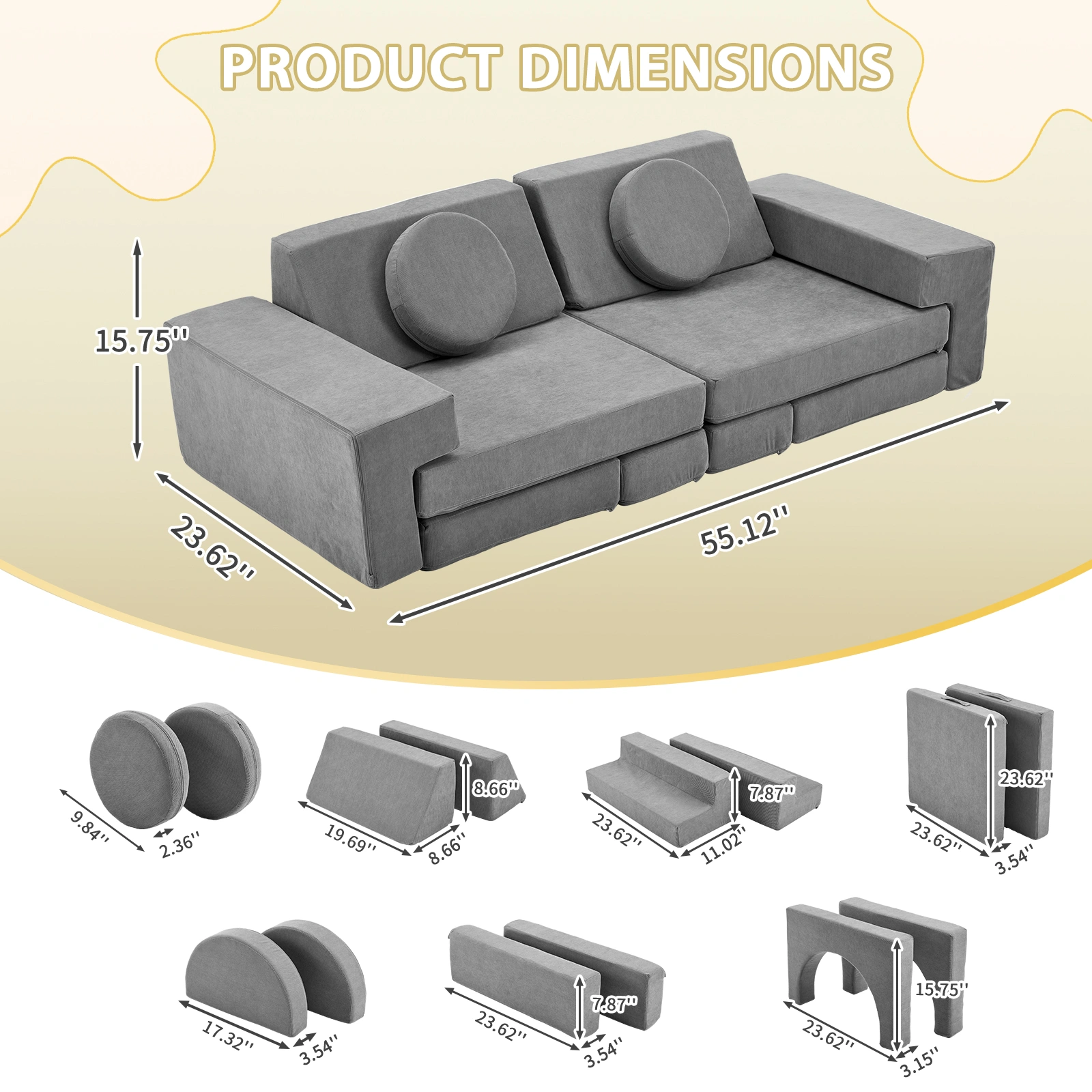 14 PCS Modular Kids Play Couch Convertible Foam Building Block Sofa Fort Set Corduroy Detachable Floor Couch for Toddlers Grey view 2