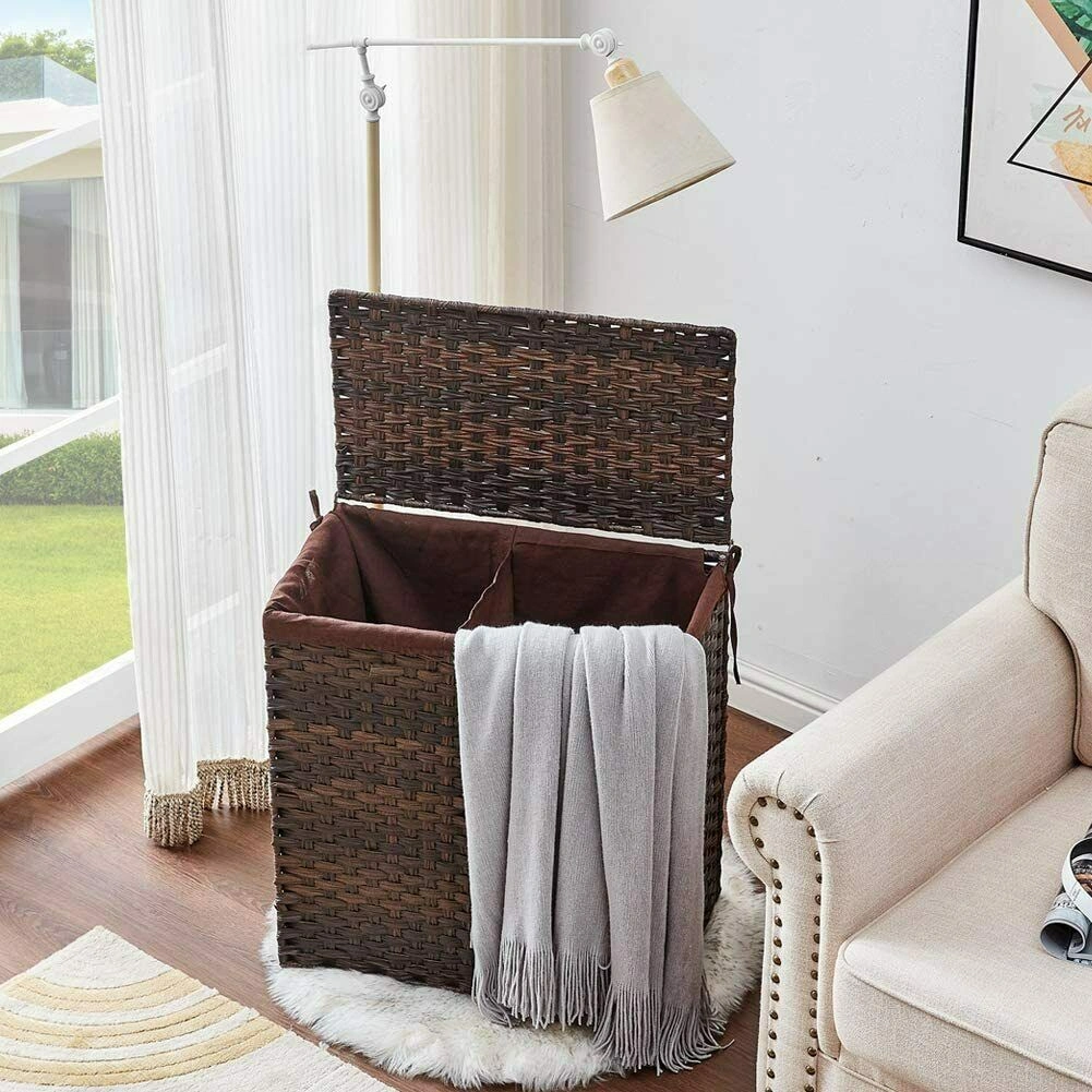Wicker Laundry Hamper with Lid, Dual Compartment Wastbasket, 2 Removable Laundry Bags, Foldable Divided Clothes Baskets, Natural Rattan