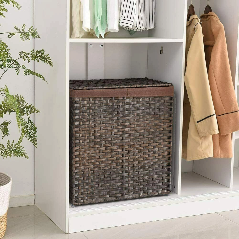 Wicker Laundry Hamper with Lid, Dual Compartment Wastbasket, 2 Removable Laundry Bags, Foldable Divided Clothes Baskets, Natural Rattan view 2