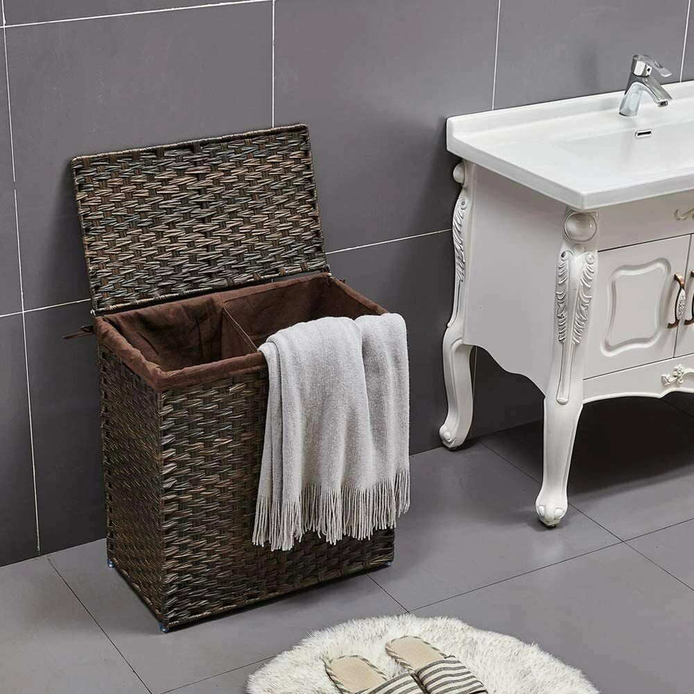 Wicker Laundry Hamper with Lid, Dual Compartment Wastbasket, 2 Removable Laundry Bags, Foldable Divided Clothes Baskets, Natural Rattan view 3
