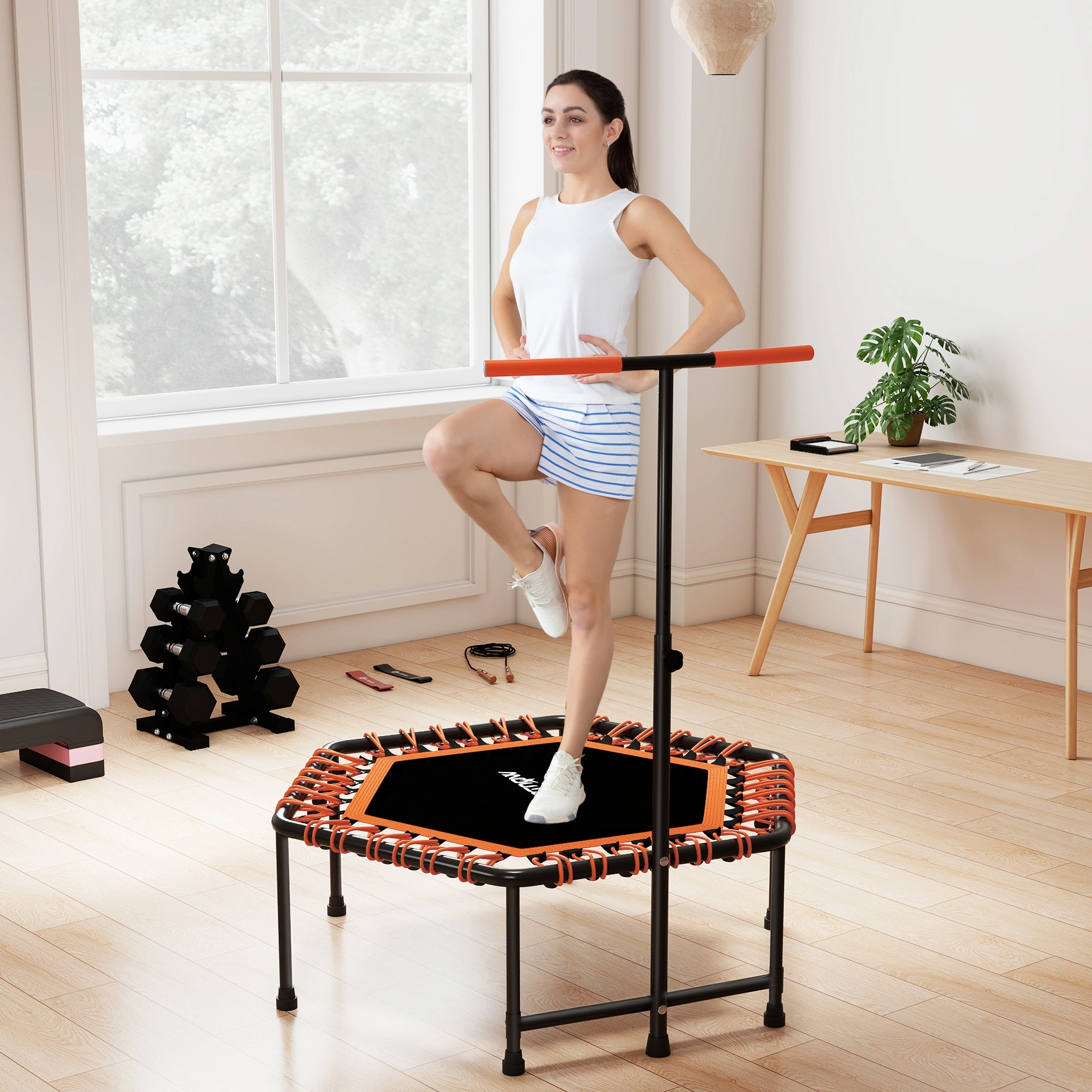 Foldable Exercise Trampoline for Adults & Kids, 36-Inch Fitness Rebounder Trampoline with Adjustable Height Handle, Indoor Mini Trampoline for Home Gym Workout
