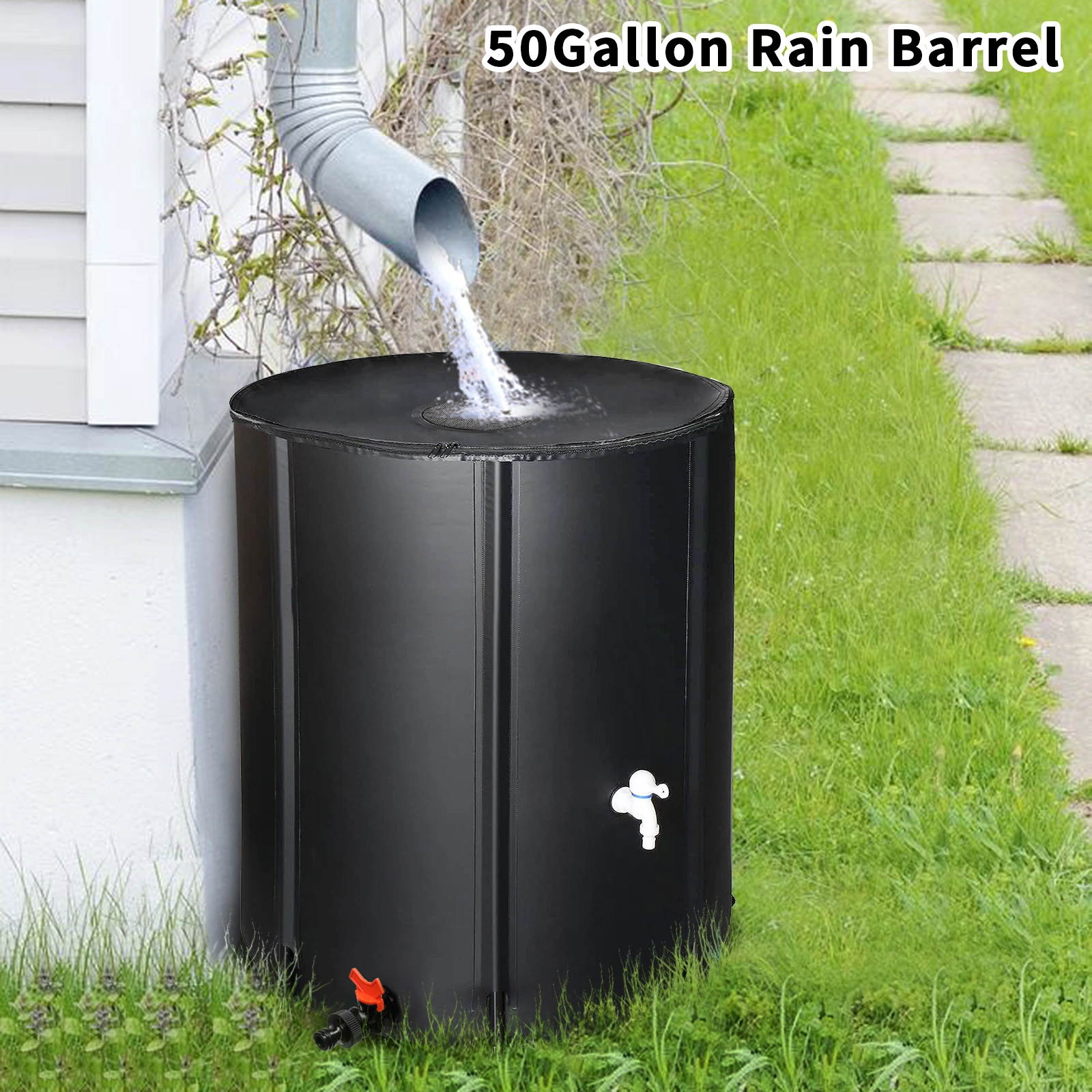 50 Gallon Folding Rain Barrel Water Collector - Black Collapsible Rain Water Barrel with Spigot, Heavy Duty Outdoor Garden Irrigation Reservoir view 8