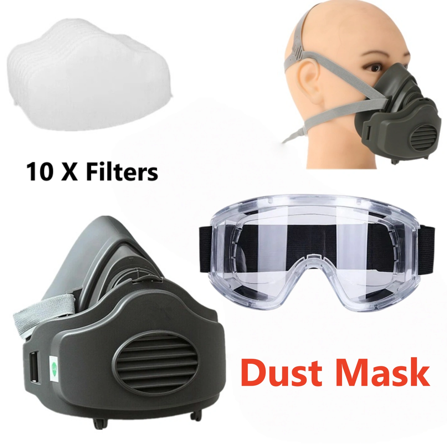 Reusable Half Face Respirator Dust Mask with 10 Replaceable Filters & Goggles for Woodworking Painting Welding view 4