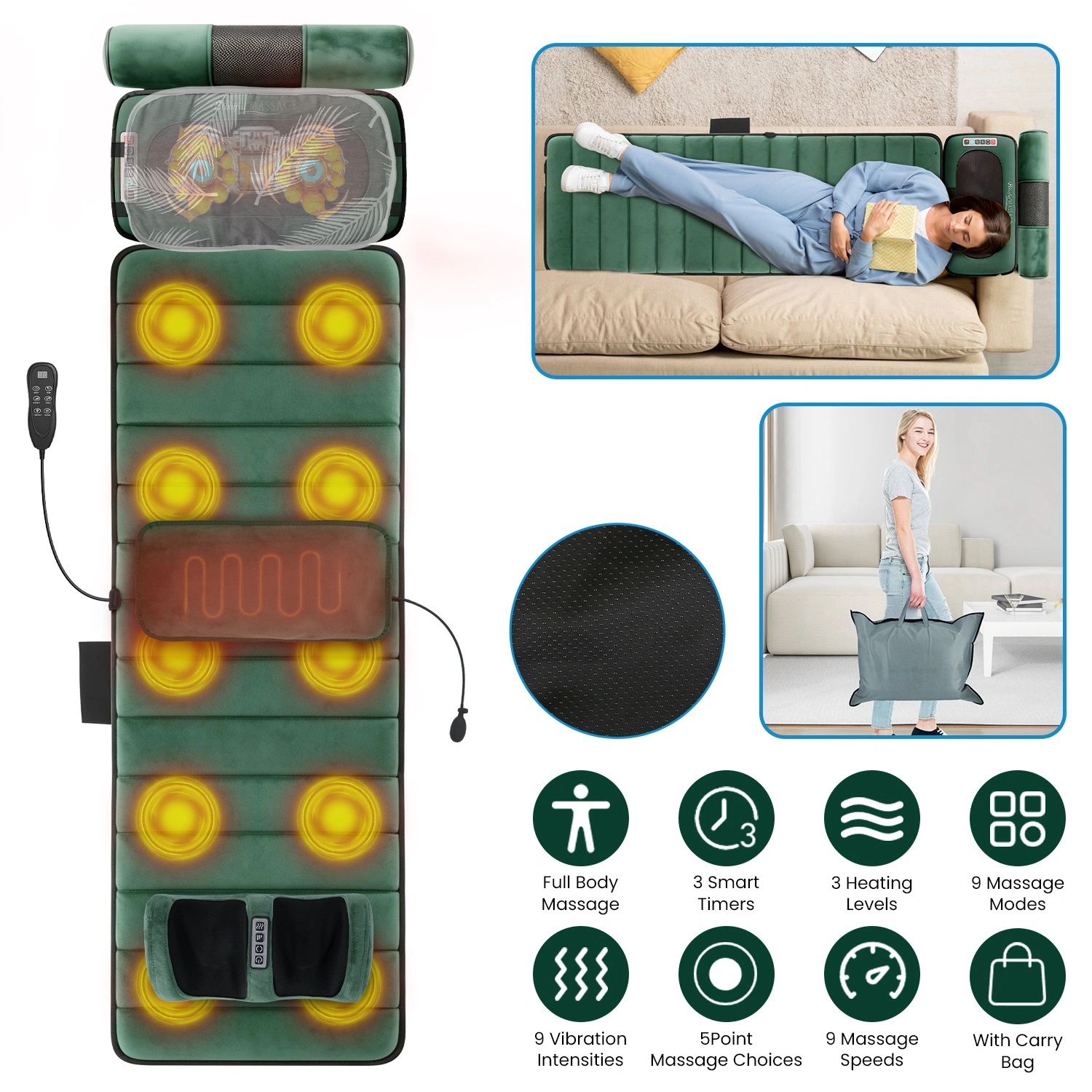 Full Body Electric Massage Mat with Detachable Neck & Foot Kneading Units, Inflatable Lumbar Pillow Heating Function 10 Vibration Points Multi Modes Timer Anti-Slip Base Foldable with Storage Bag view 14