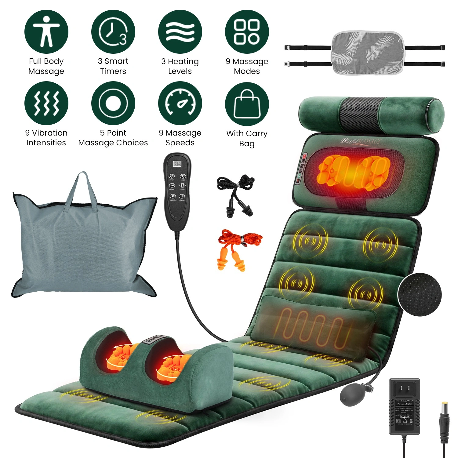 Full Body Electric Massage Mat with Detachable Neck & Foot Kneading Units, Inflatable Lumbar Pillow Heating Function 10 Vibration Points Multi Modes Timer Anti-Slip Base Foldable with Storage Bag view 15