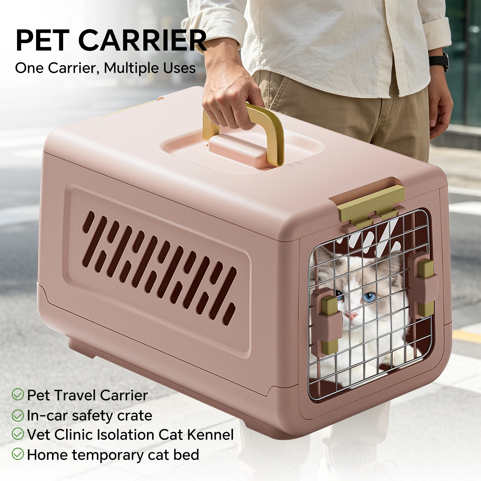 Pink aviation enclosed cat litter box with handle, spacious anti tracking cat toilet, ideal choice for indoor cats and travel